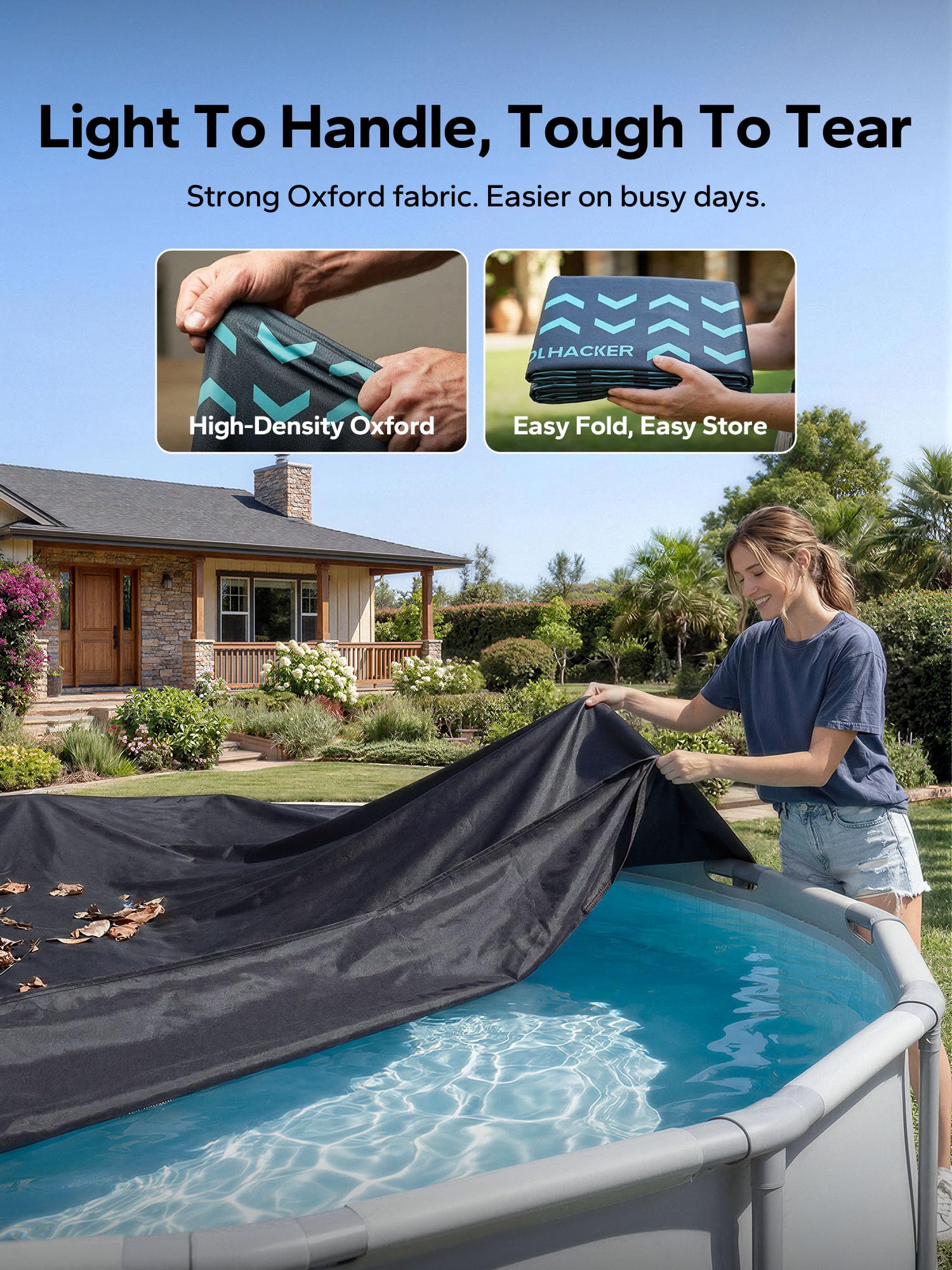 POOLHACKER cubierta instalada en piscina inflable demostrando uso real y protección