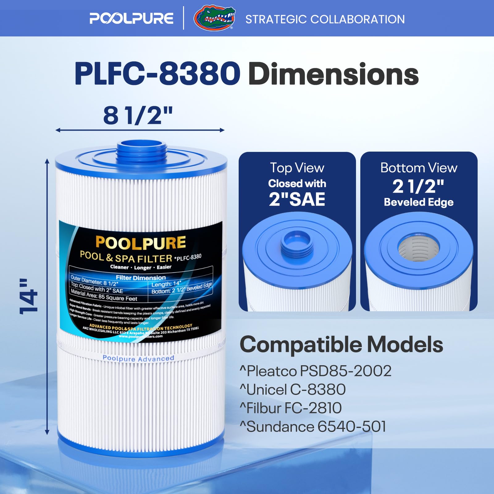 POOLPURE corte transversal destacando 85 ft² de área de filtración efectiva