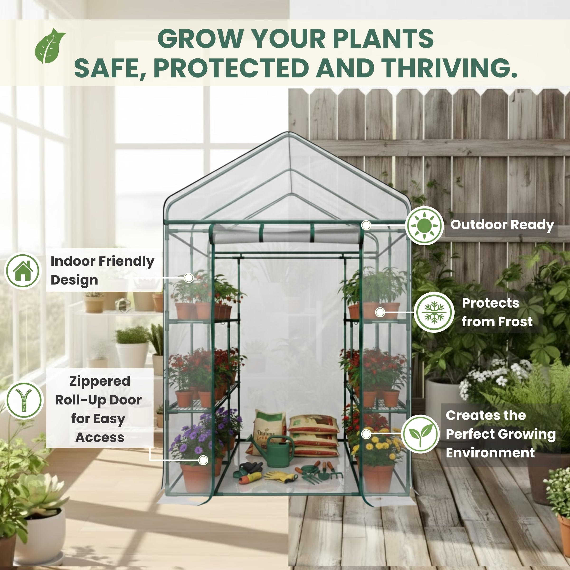 Pure Garden detalle de los ocho estantes con bridas, organización segura