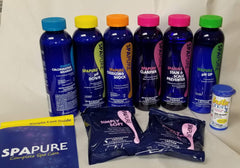 PureSpa kit completo frontal mostrando envases y guía para cuidado del spa