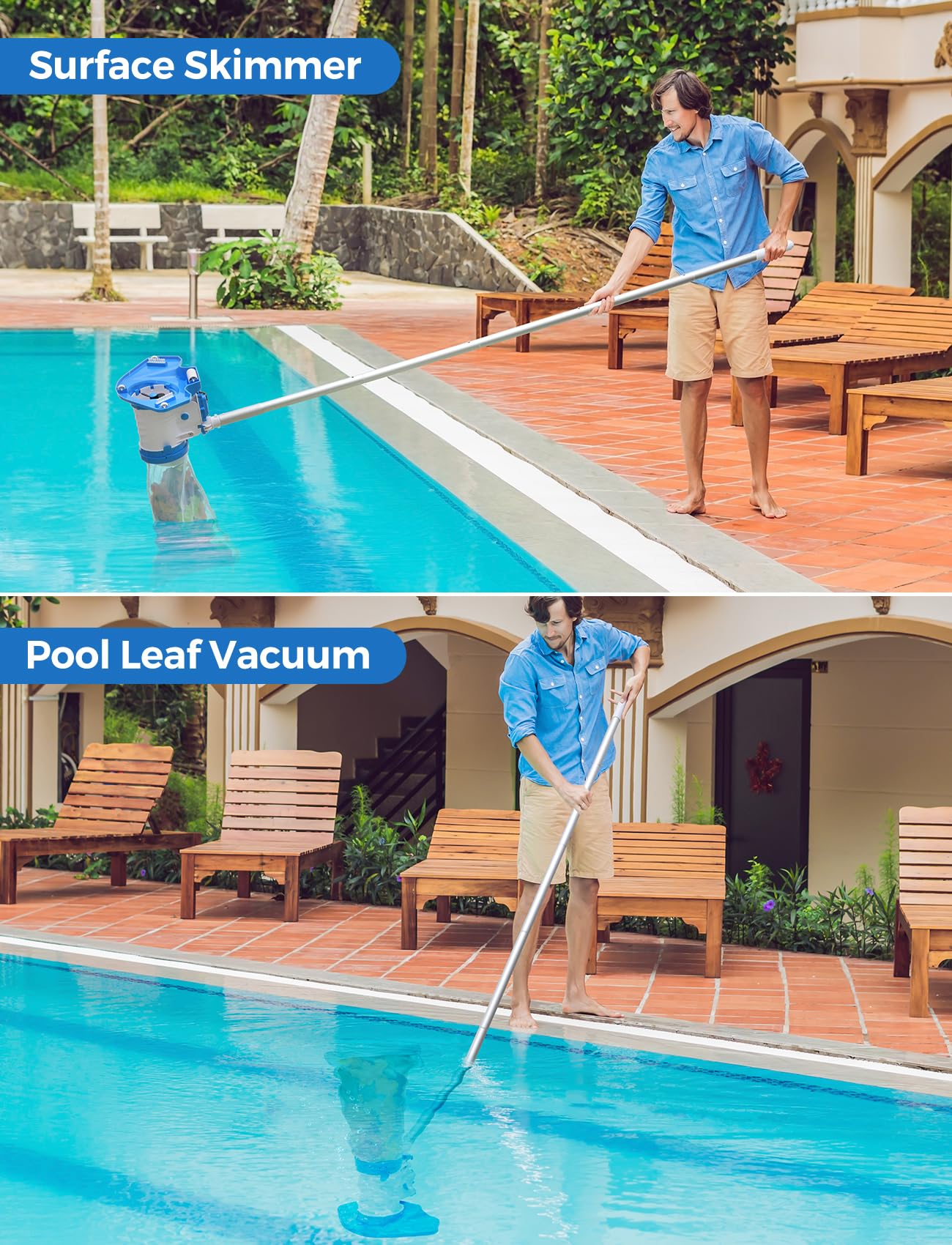 PureSwirlz limpiando superficie de la piscina, elimina hojas flotantes rápido
