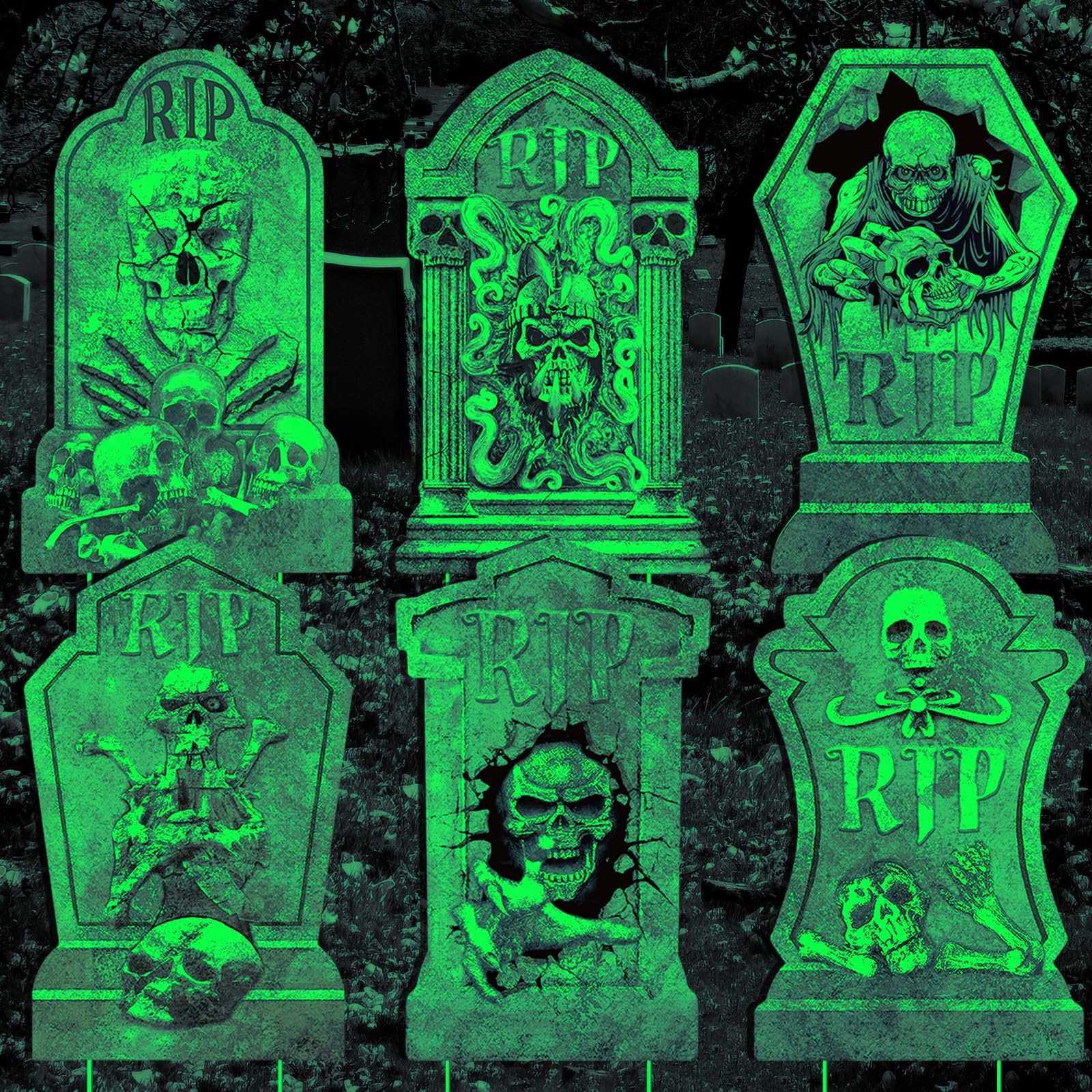 qiyeyeye lápida frontal mostrando diseño RIP y calavera, ambiente terrorífico