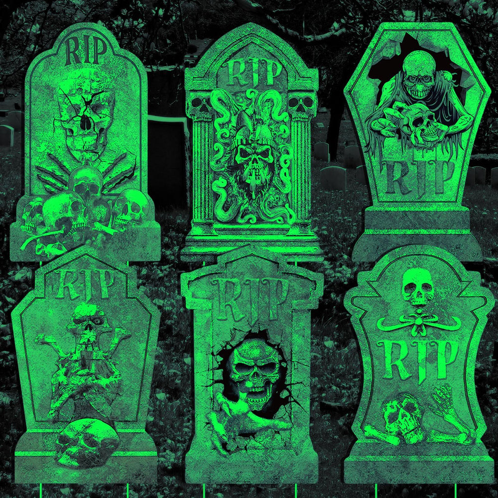 qiyeyeye lápida frontal mostrando diseño RIP y calavera, ambiente terrorífico