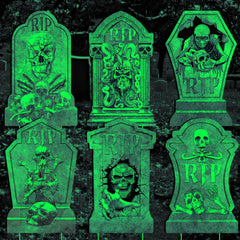 qiyeyeye lápida frontal mostrando diseño RIP y calavera, ambiente terrorífico