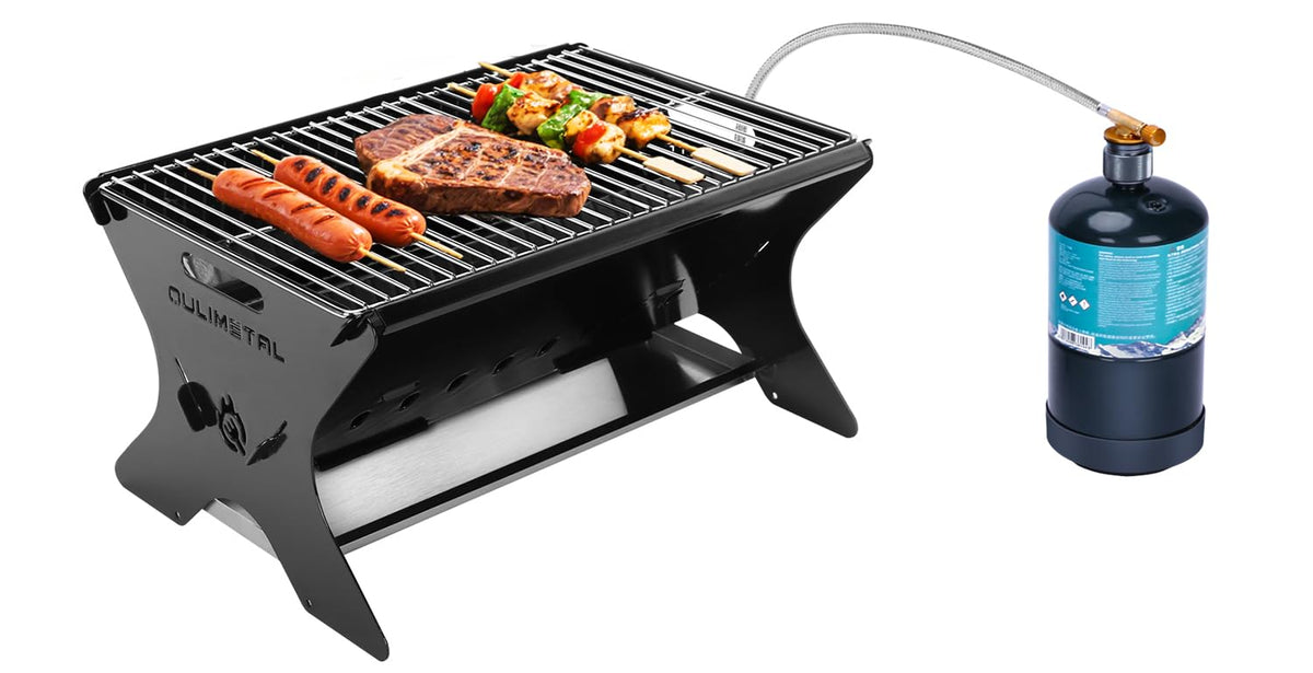 QuliMetal vista frontal de la parrilla portátil, compacta y lista para cocinar