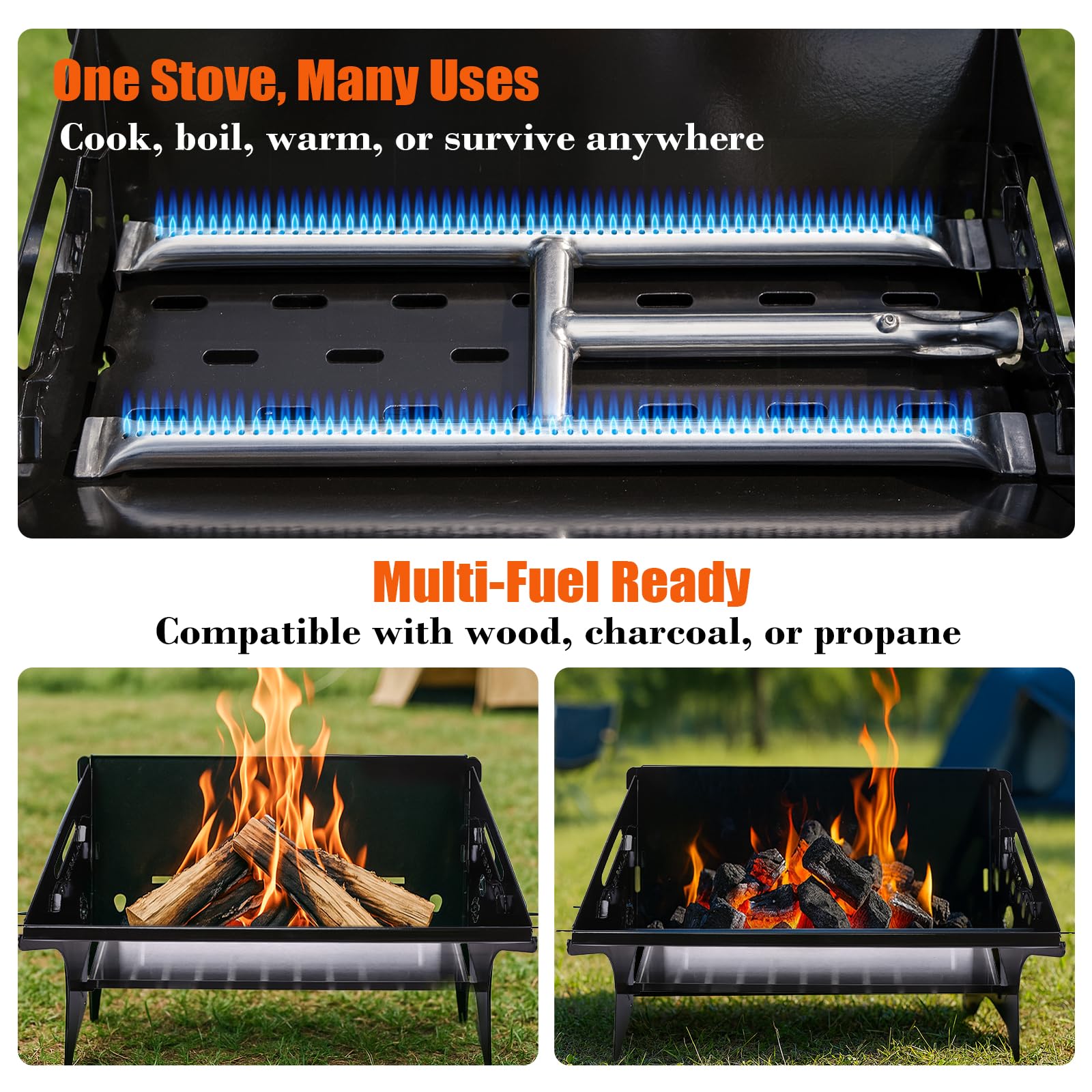 QuliMetal parrilla en uso en camping mostrando versatilidad y portabilidad