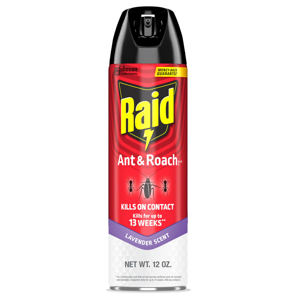 Raid aerosol frente mostrando etiqueta y beneficio acción residual