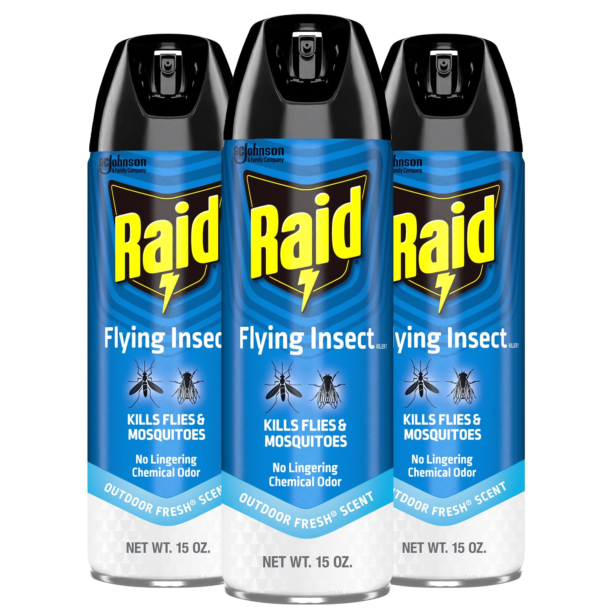 Raid aerosol frontal mostrando etiqueta y tamaño práctico para uso doméstico