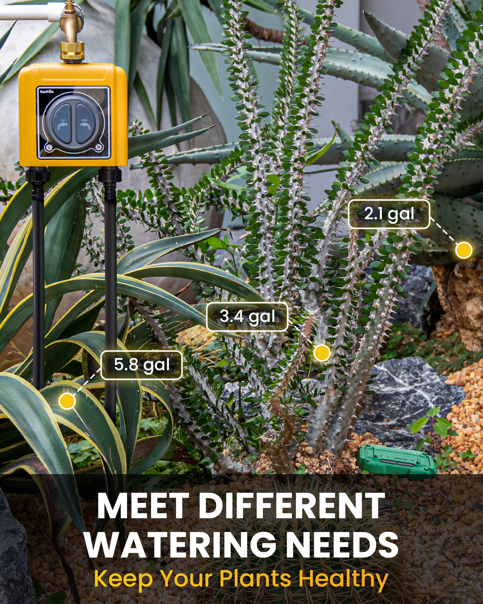 RAINPOINT escenario de jardín con césped regado, mejora la salud de plantas
