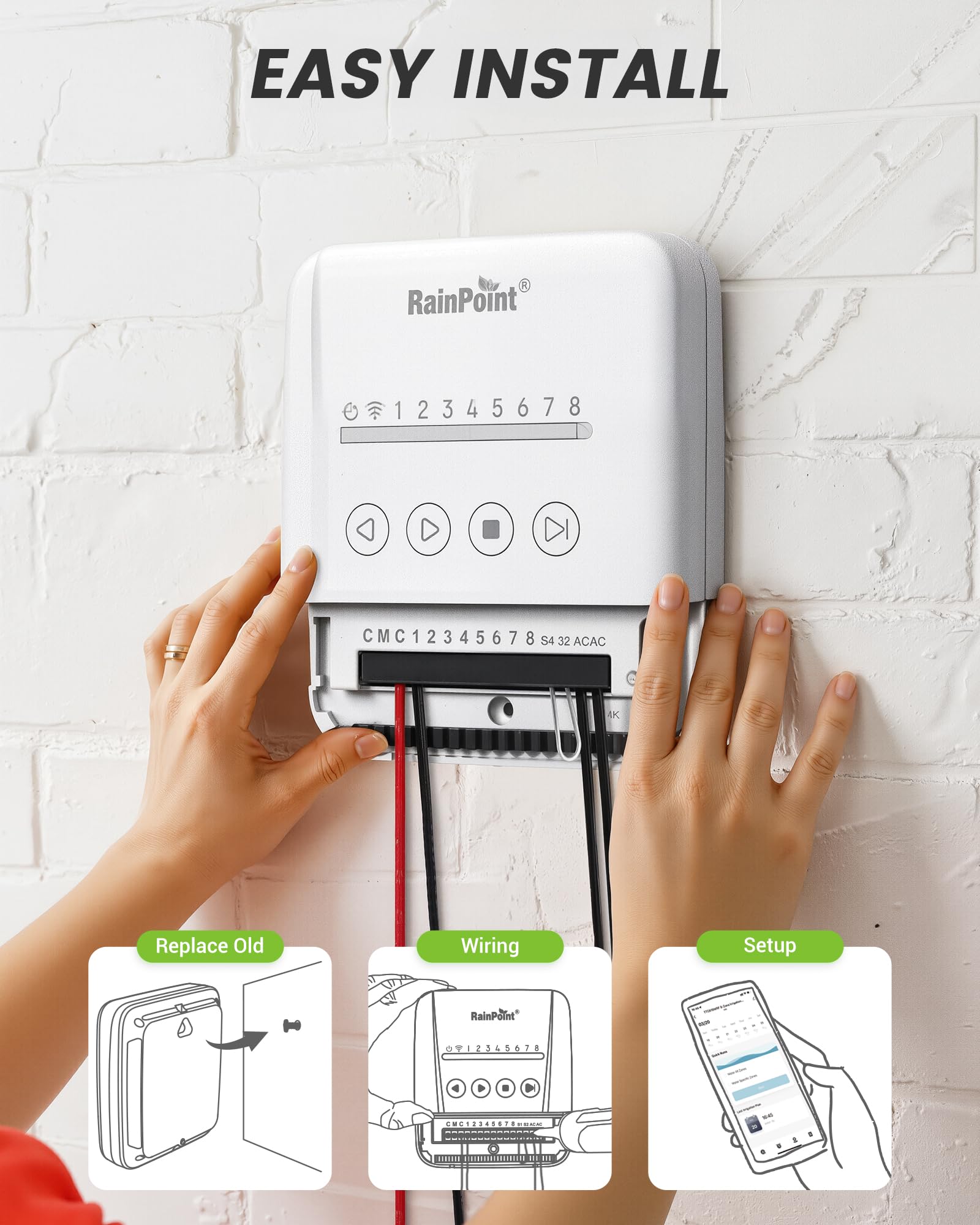 RAINPOINT controlador junto a una regla, escala y tamaño real claro