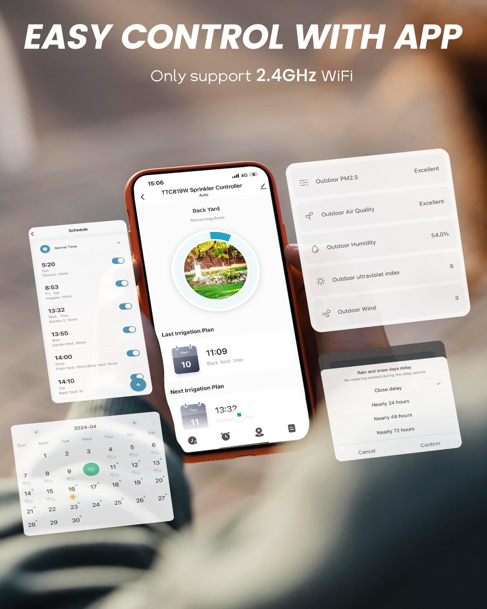 RAINPOINT pantalla de app mostrando zonas, gestión remota fácil
