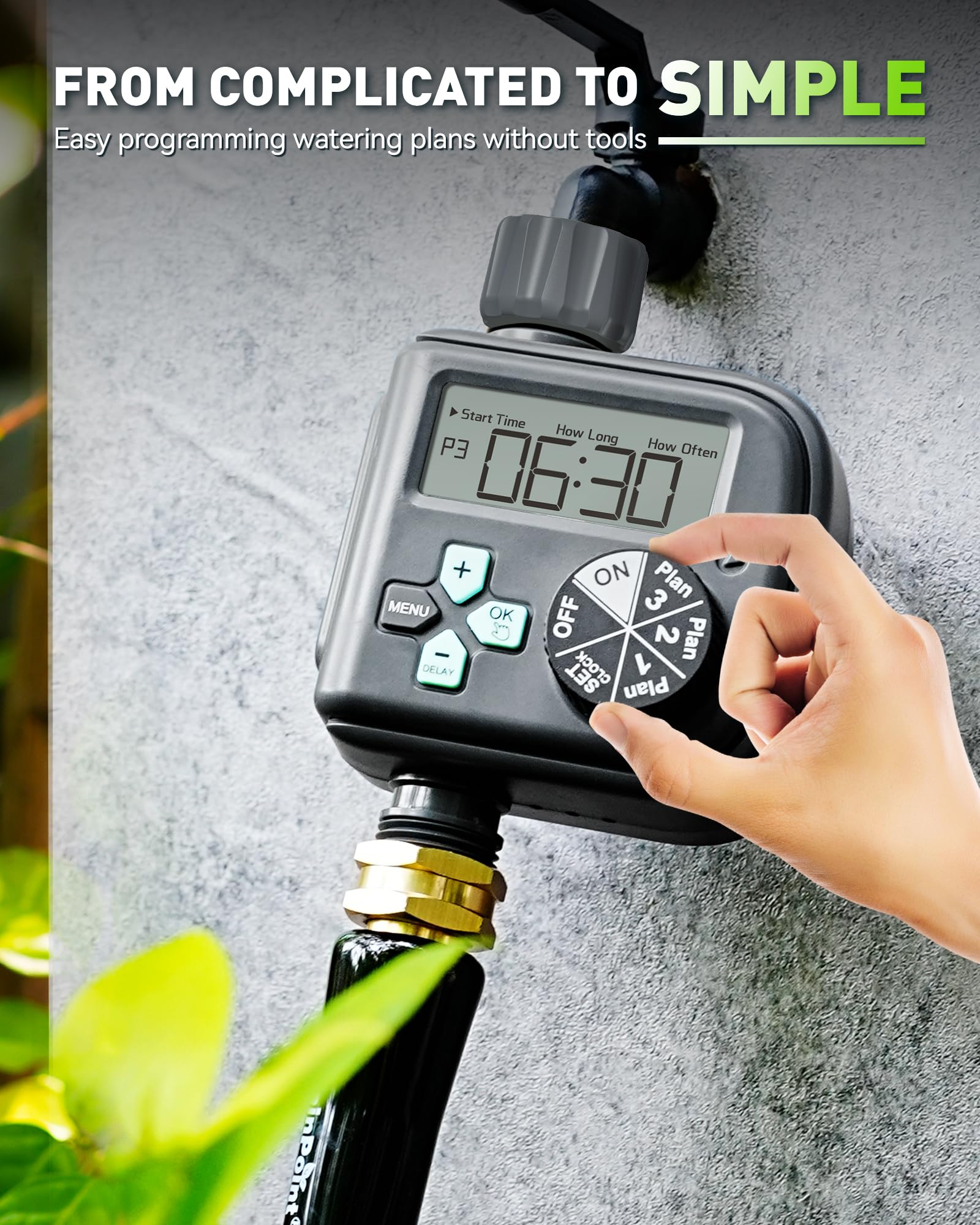 RAINPOINT escena de jardín con manguera y temporizador para riego automatizado