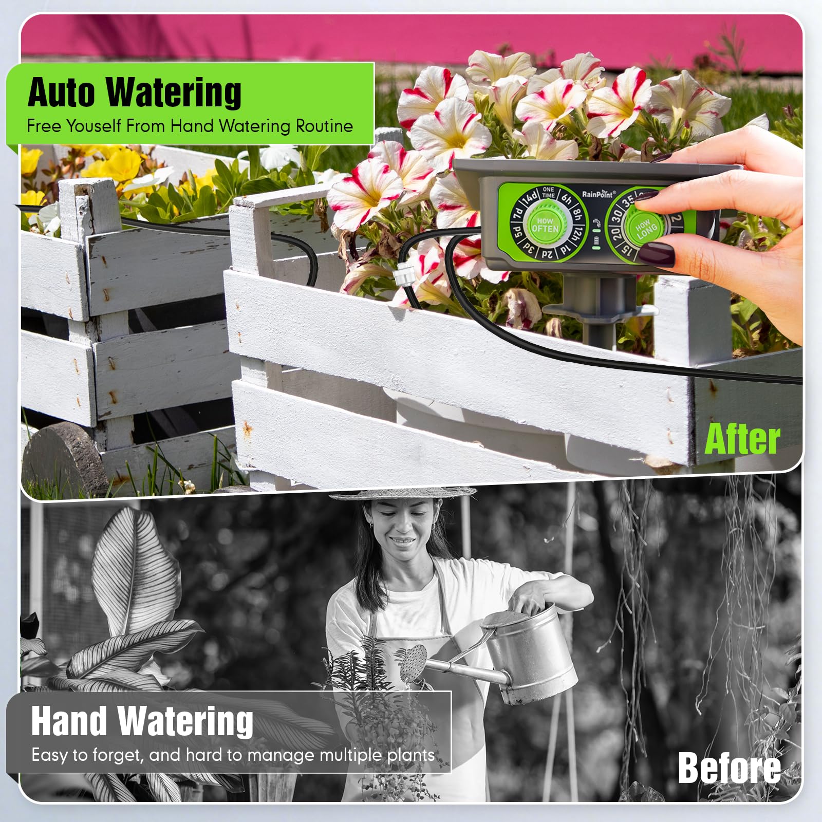 RAINPOINT sistema instalado en macetas de balcón manteniendo plantas regadas por días