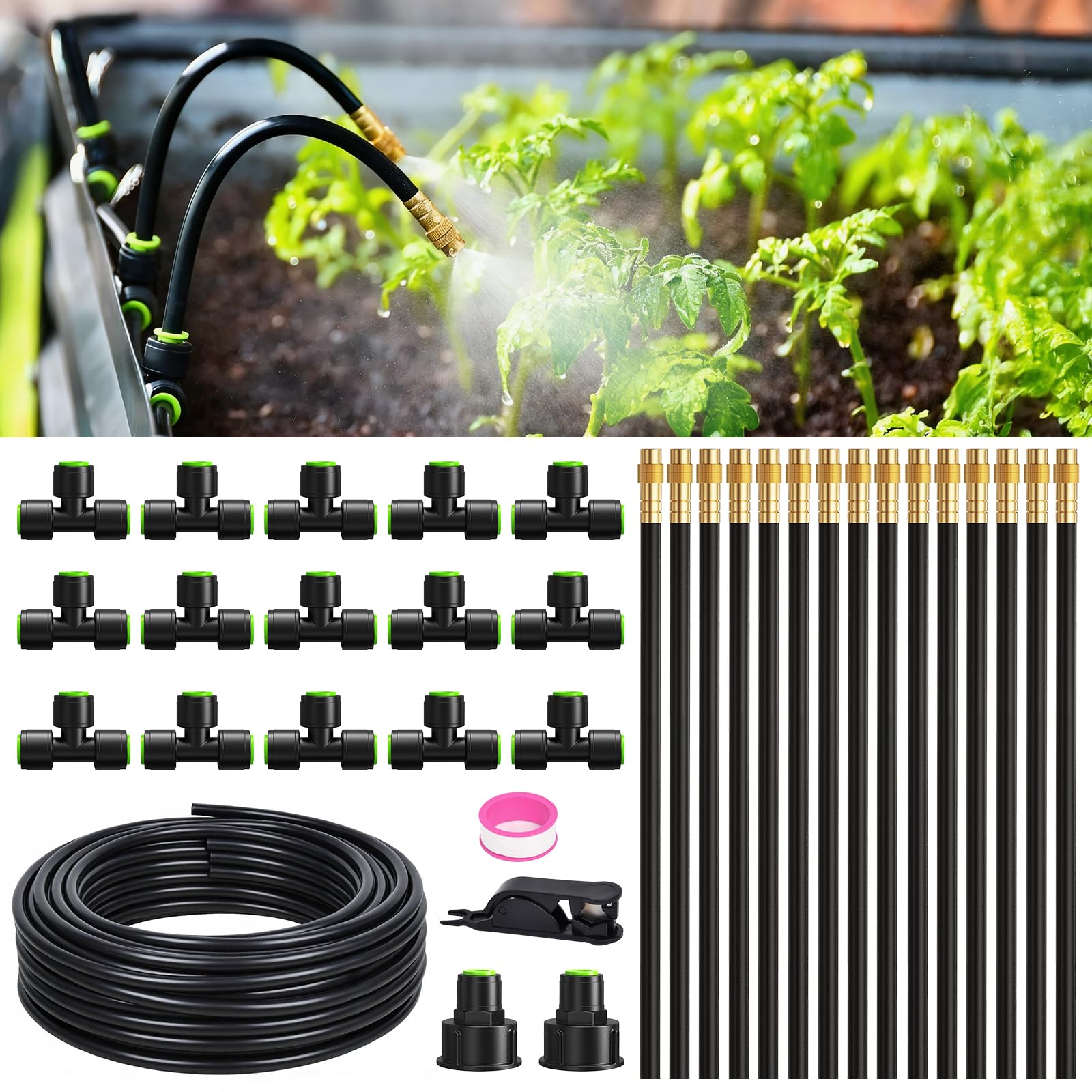 RAINPOINT kit completo frontal mostrando manguera y boquillas, ahorro de agua