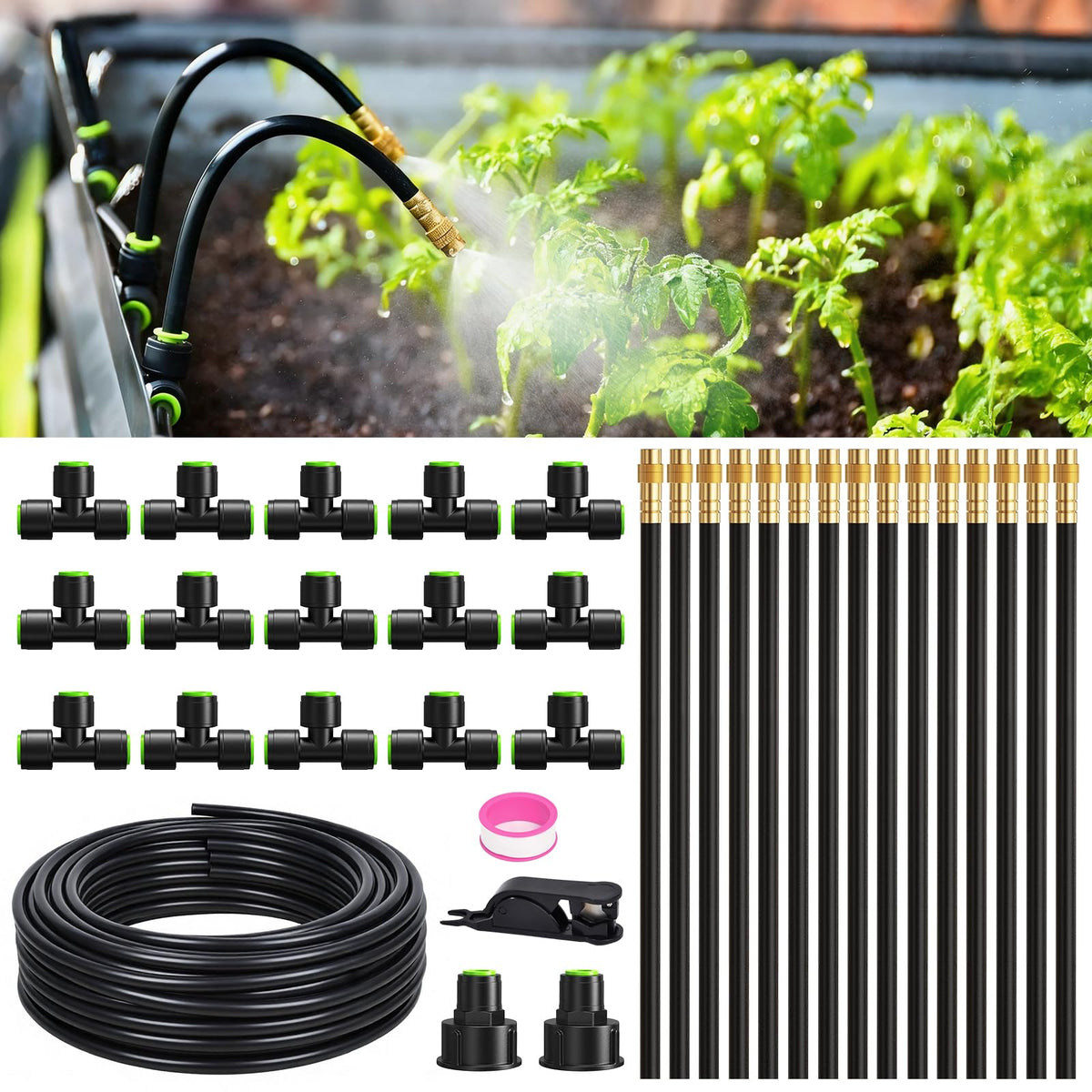 RAINPOINT kit completo frontal mostrando manguera y boquillas, ahorro de agua