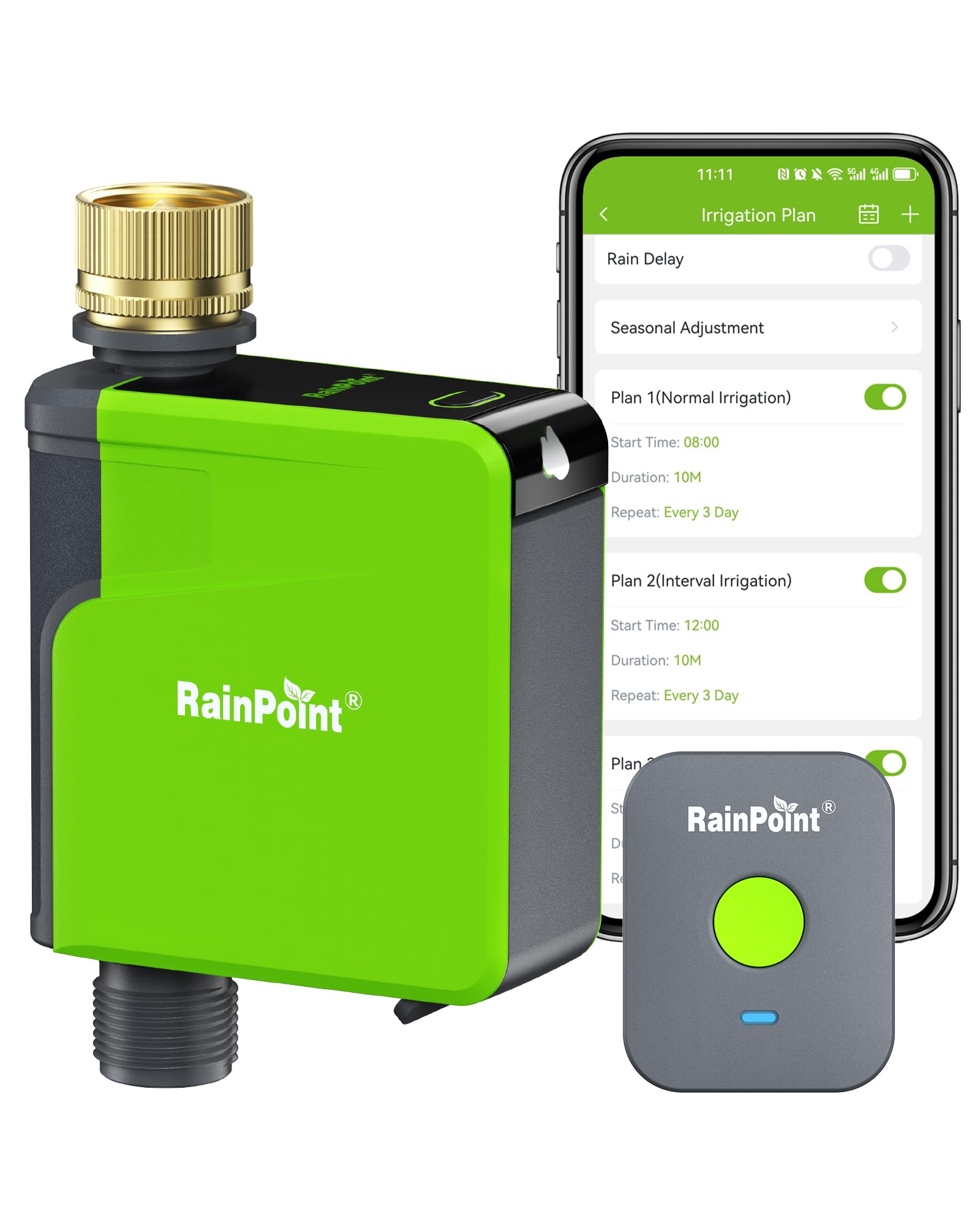 RAINPOINT vista frontal del temporizador con controles visibles y durabilidad