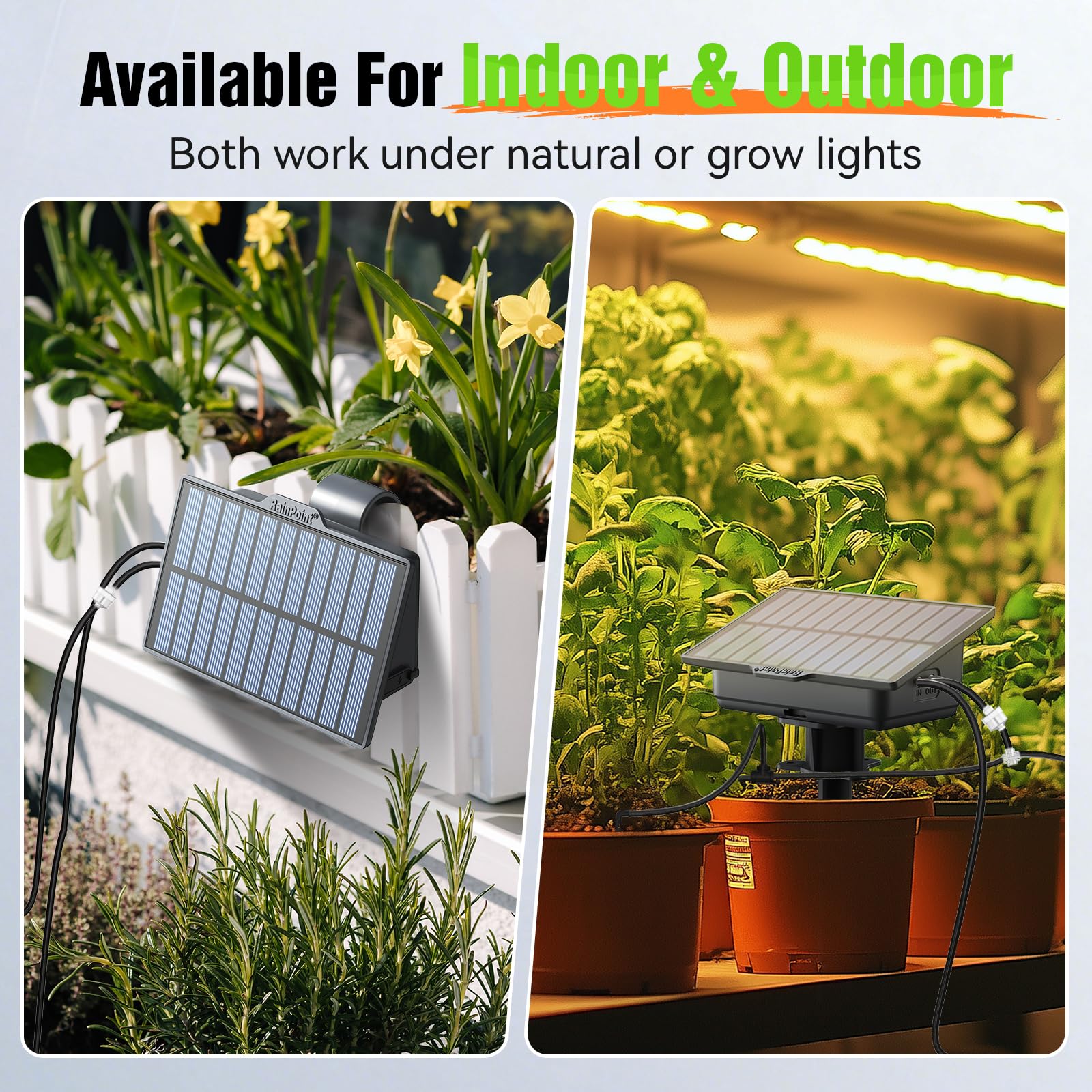 RAINPOINT uso en mesa de cultivo dentro de carpa demostrando riego uniforme y control