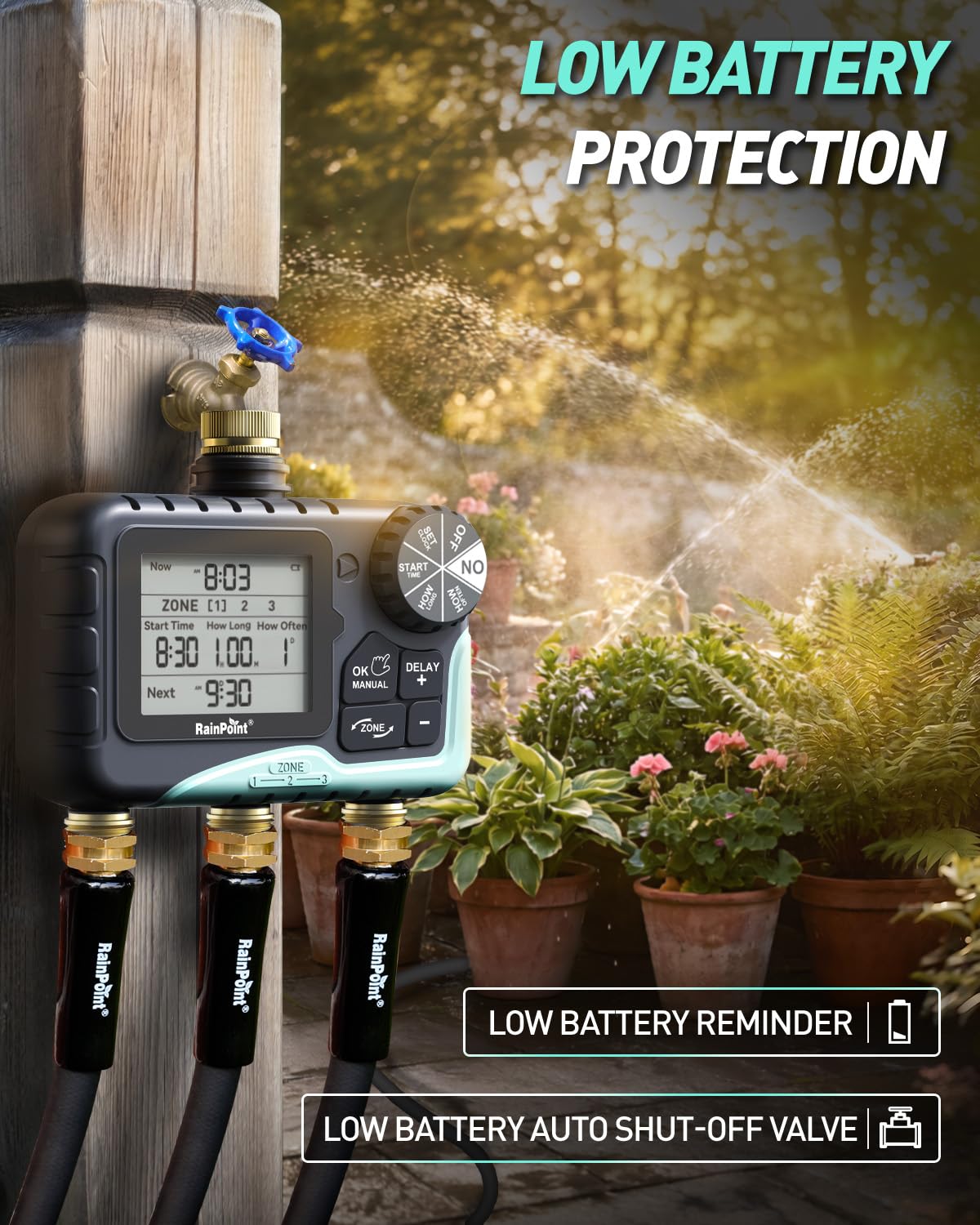RAINPOINT interior con válvula de bobina que estabiliza flujo y reduce fugas