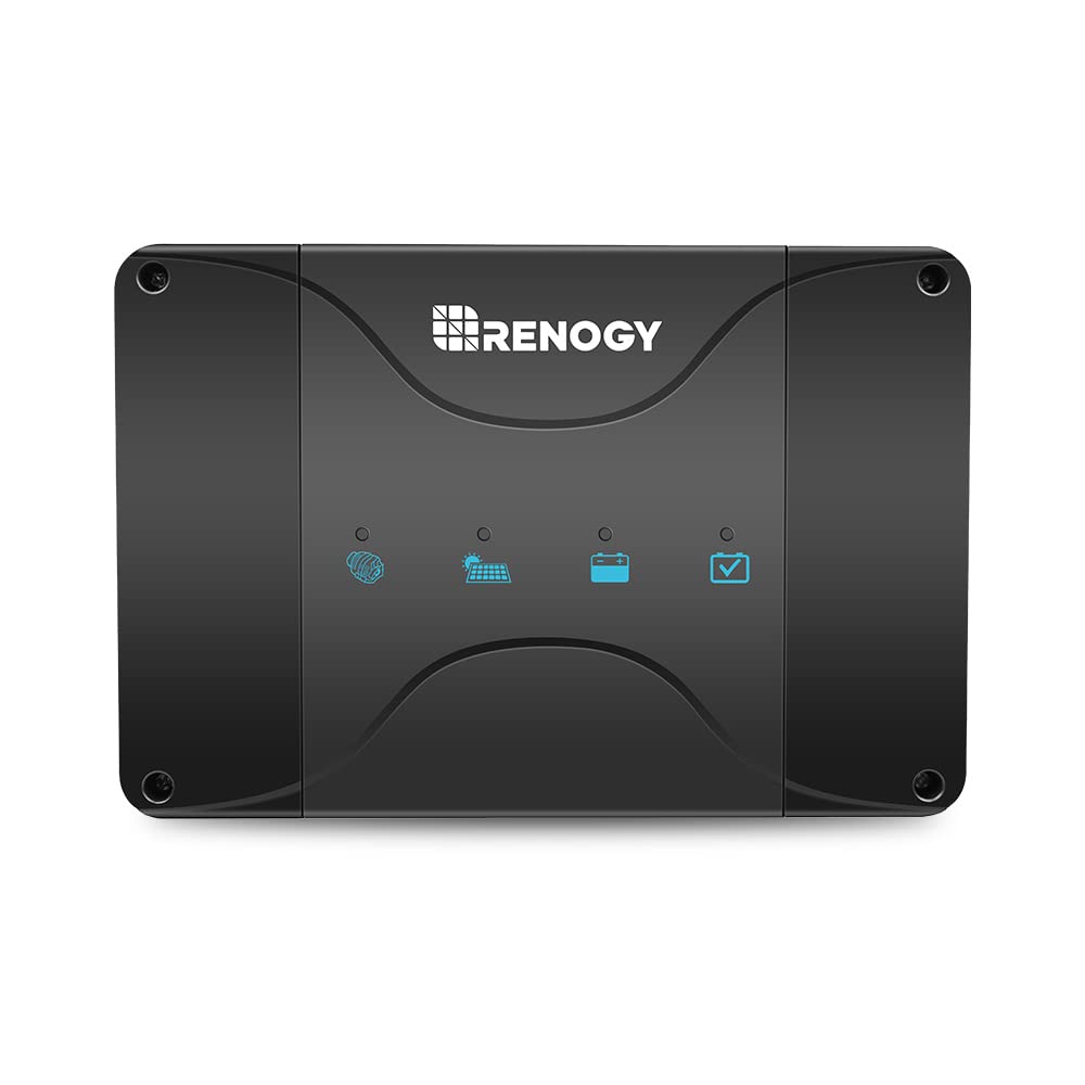 Renogy cargador frontal mostrando pantalla y conexiones, beneficio: control claro