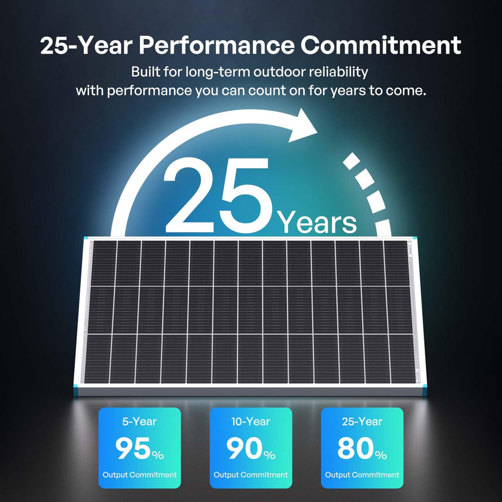 Renogy etiqueta de especificaciones mostrando datos técnicos y garantías claras