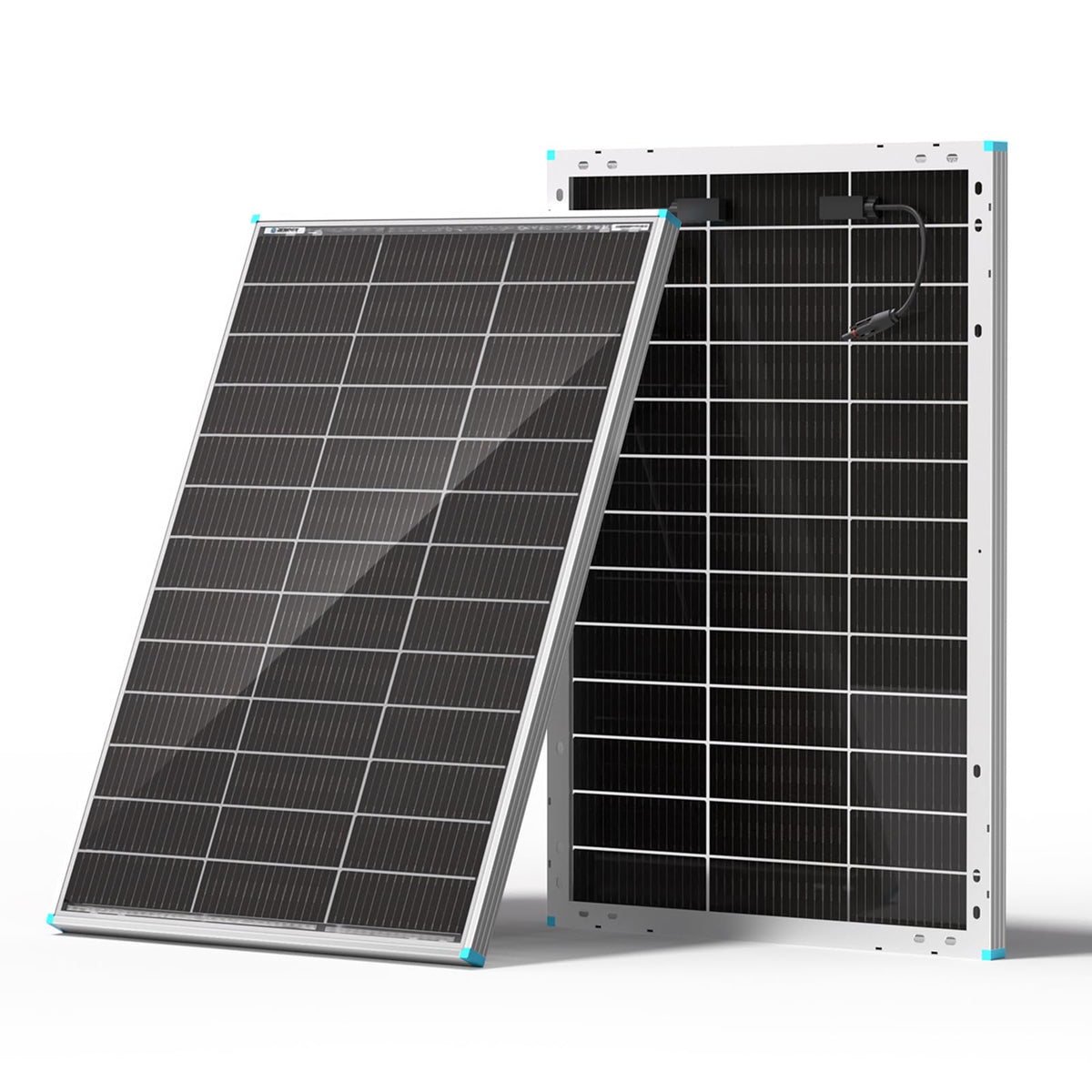 Renogy panel frontal 100W Bifacial mostrando apariencia y beneficio de alta eficiencia