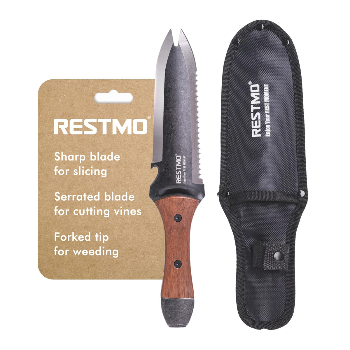 Restmo hori-hori vista frontal mostrando doble punta y diseño profesional