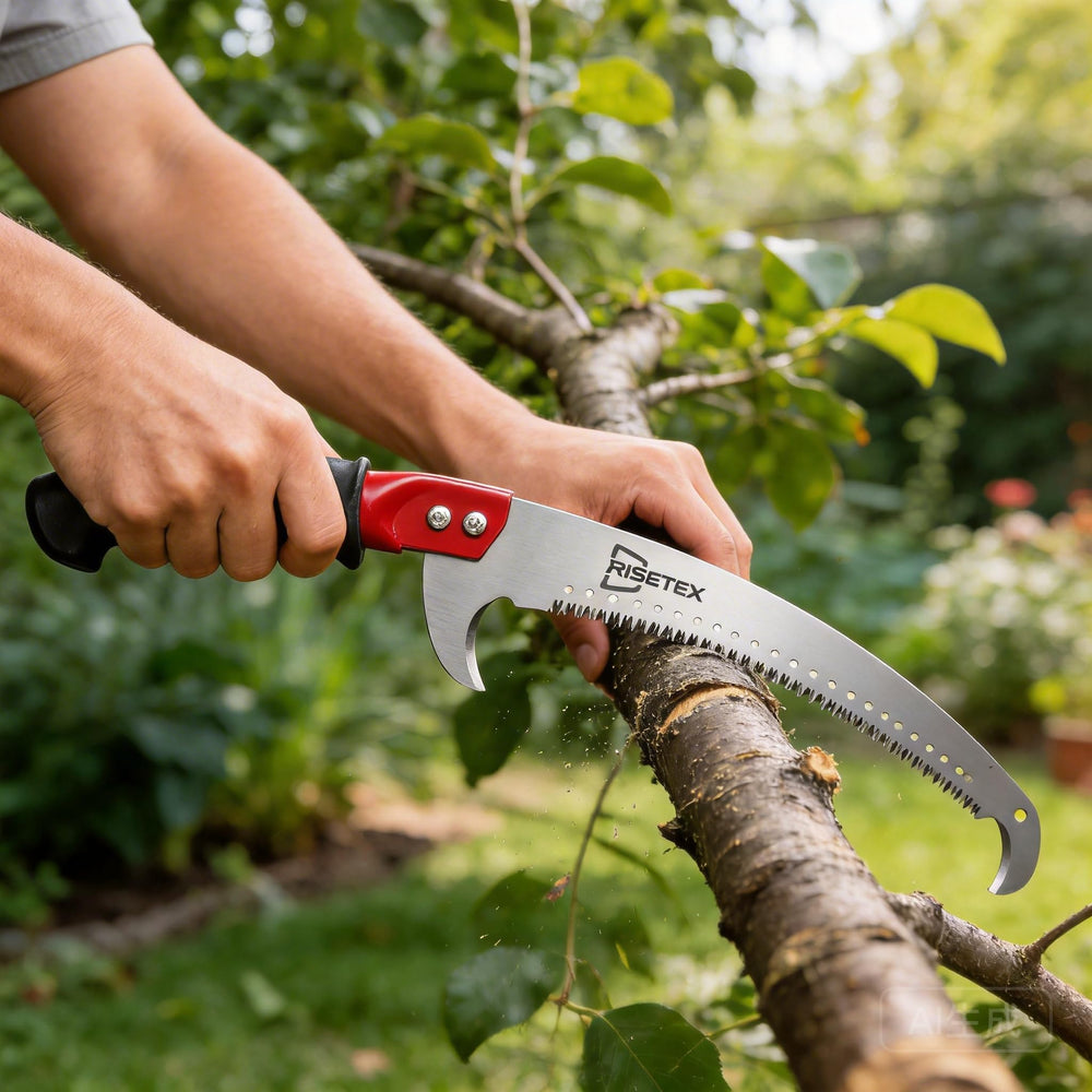 RISETEX herramienta en jardín podando árbol, eficiente y fácil de usar
