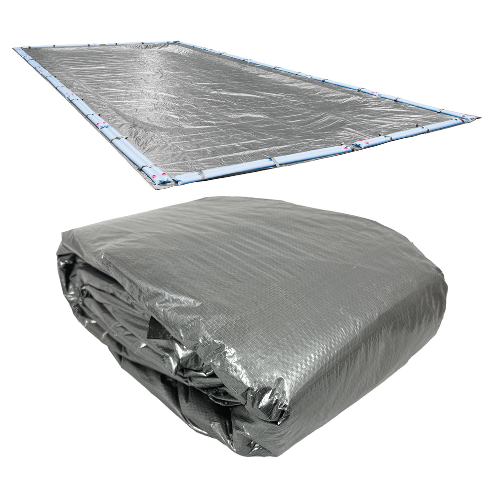 Robelle cubierta frontal 20 x 40 ft mostrando solapamiento y argollas para sujeción