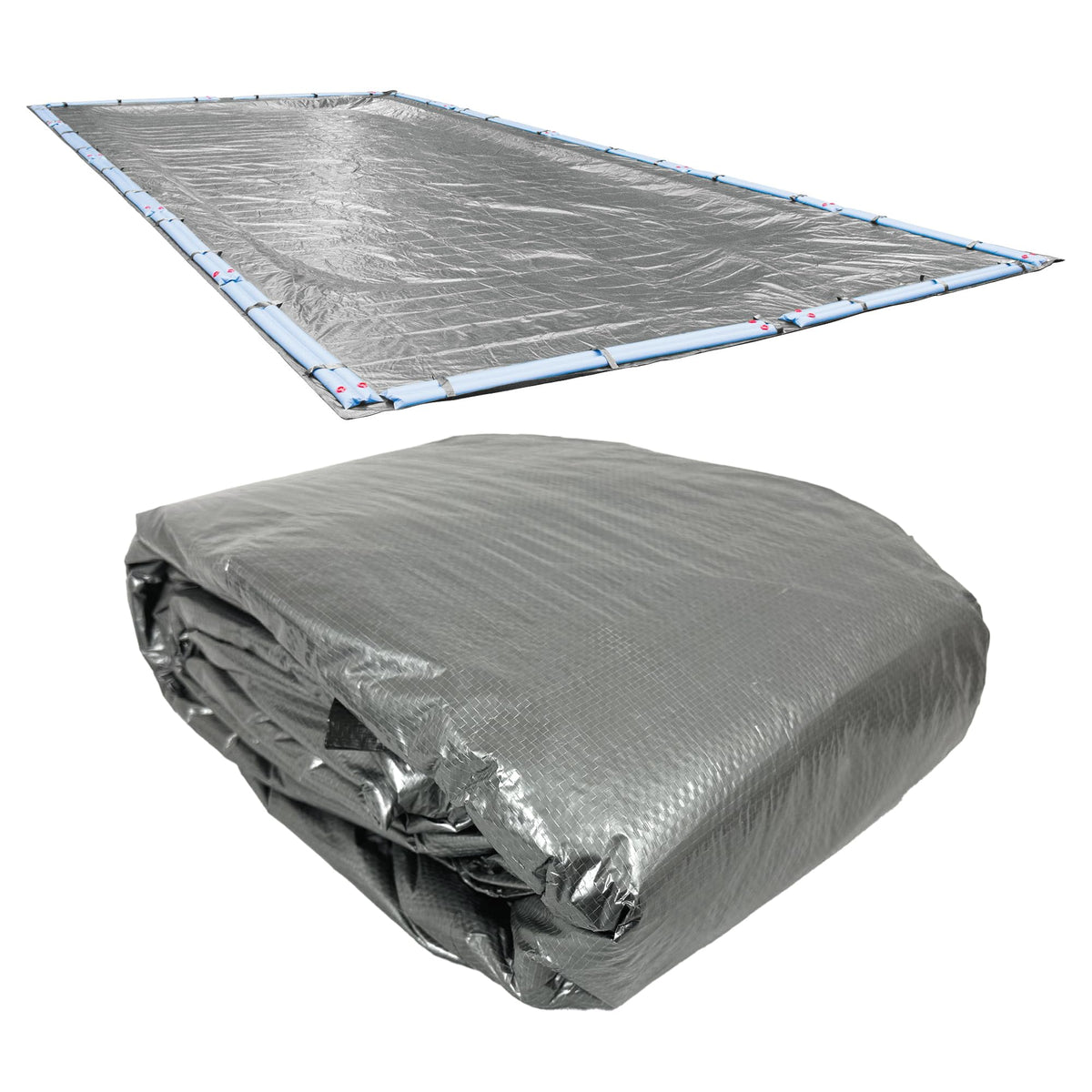 Robelle cubierta frontal 20 x 40 ft mostrando solapamiento y argollas para sujeción