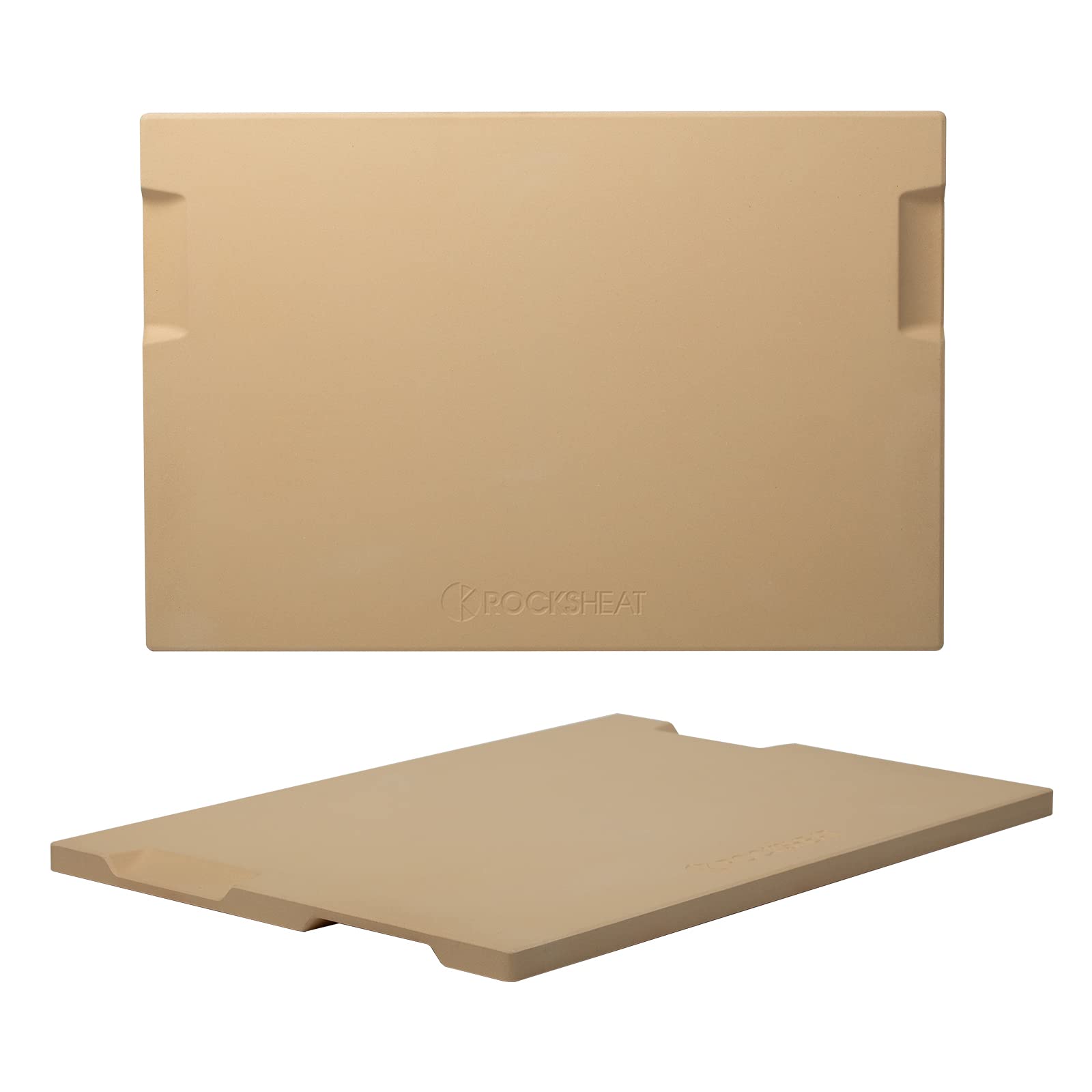 ROCKSHEAT piedra para pizza vista frontal con asas, facilita transporte seguro