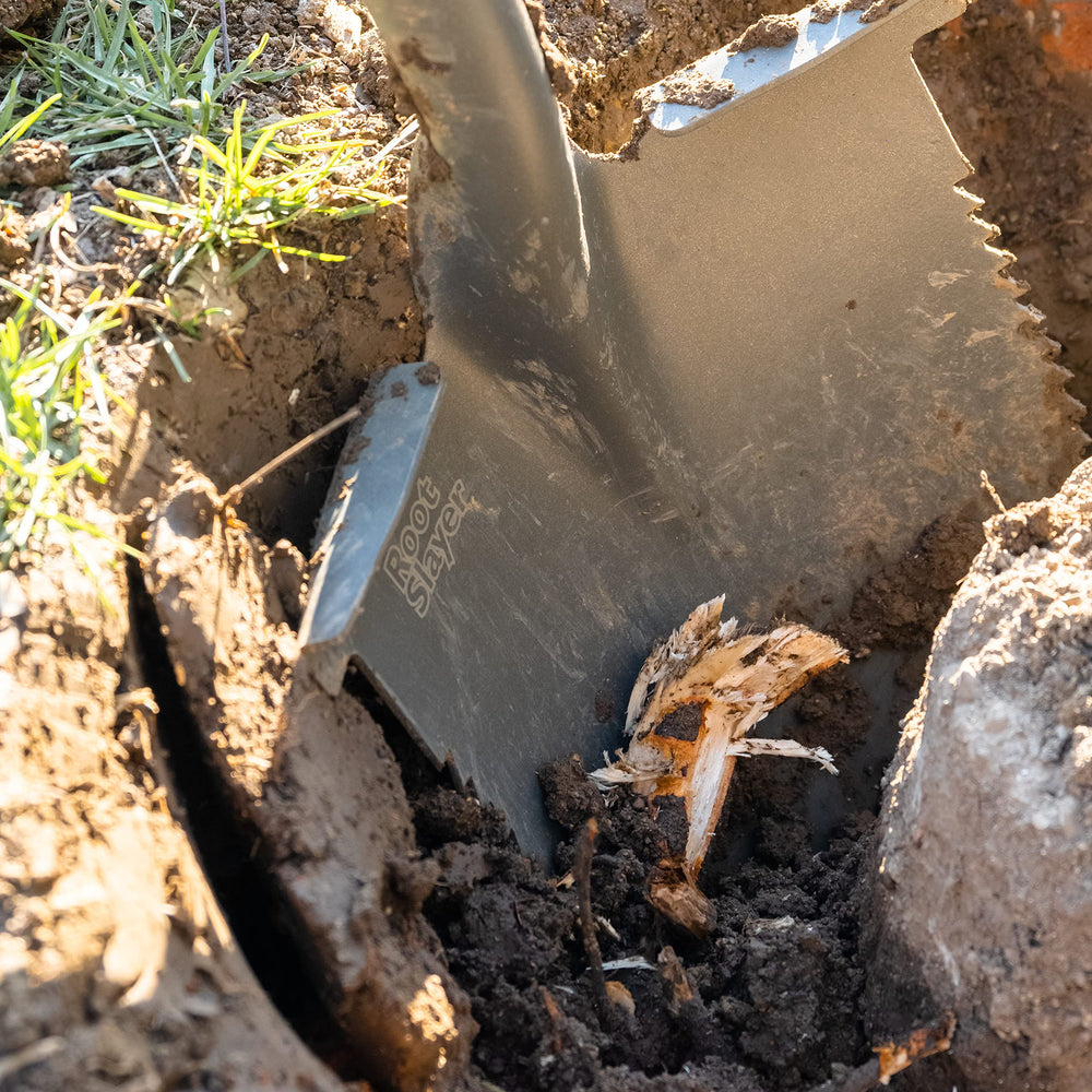 Root Slayer hoja con barro después de uso fácil limpieza y durabilidad