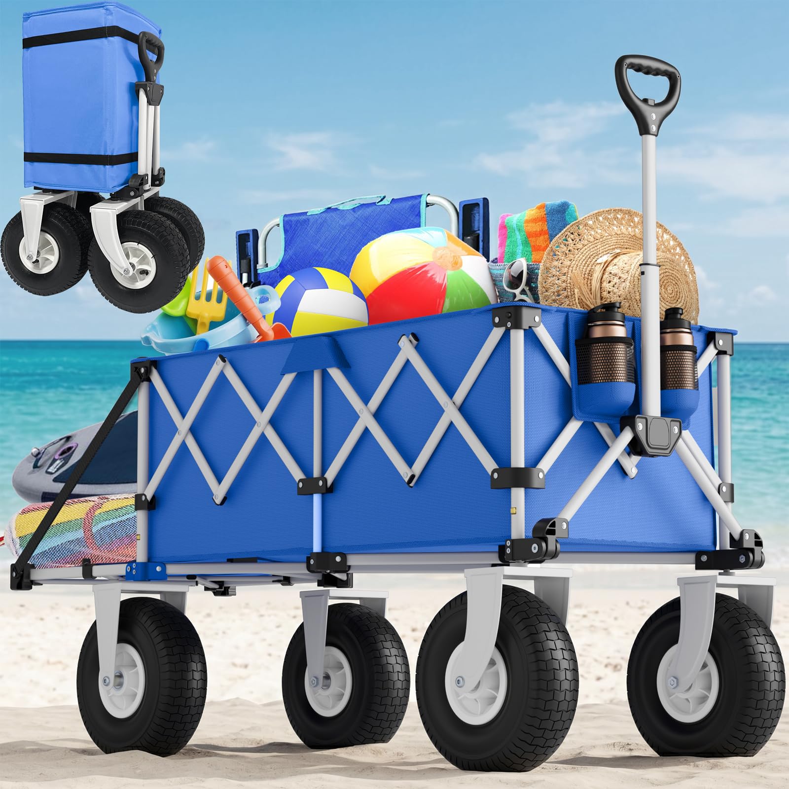 ROSONG vista frontal del carrito azul, transporte estable en playa