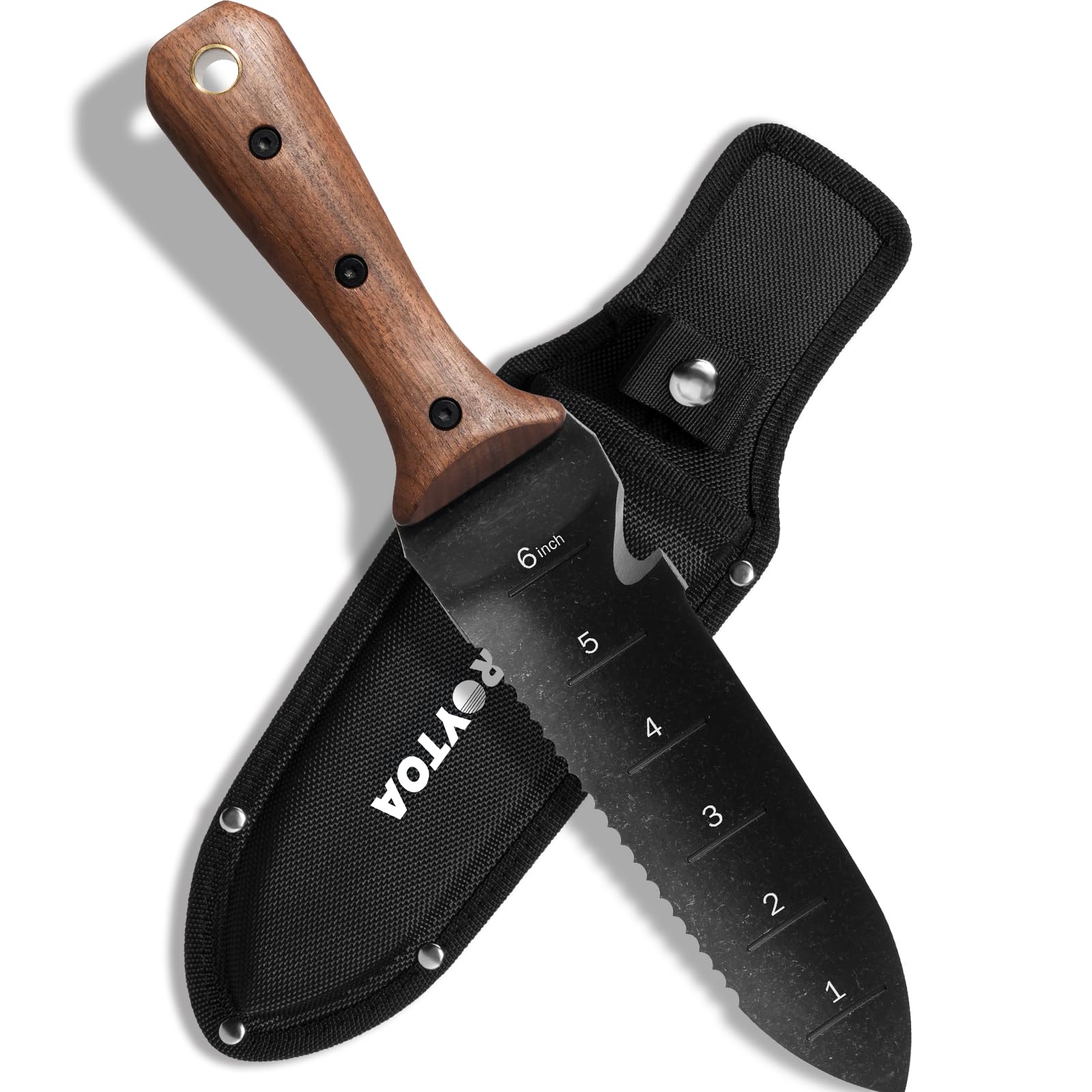 ROYTOA cuchillo Hori Hori frontal mostrando diseño y hoja, versatilidad inmediata