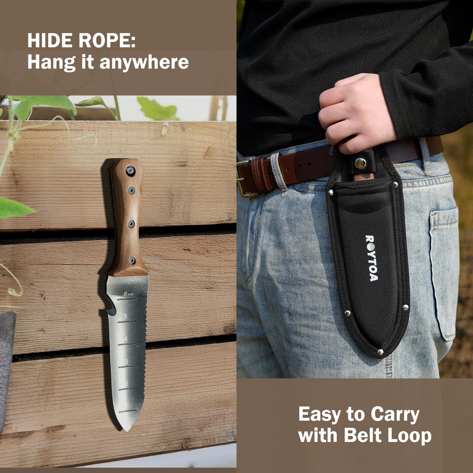 ROYTOA uso en jardín cavando y deshierbando, eficiencia en tareas exteriores