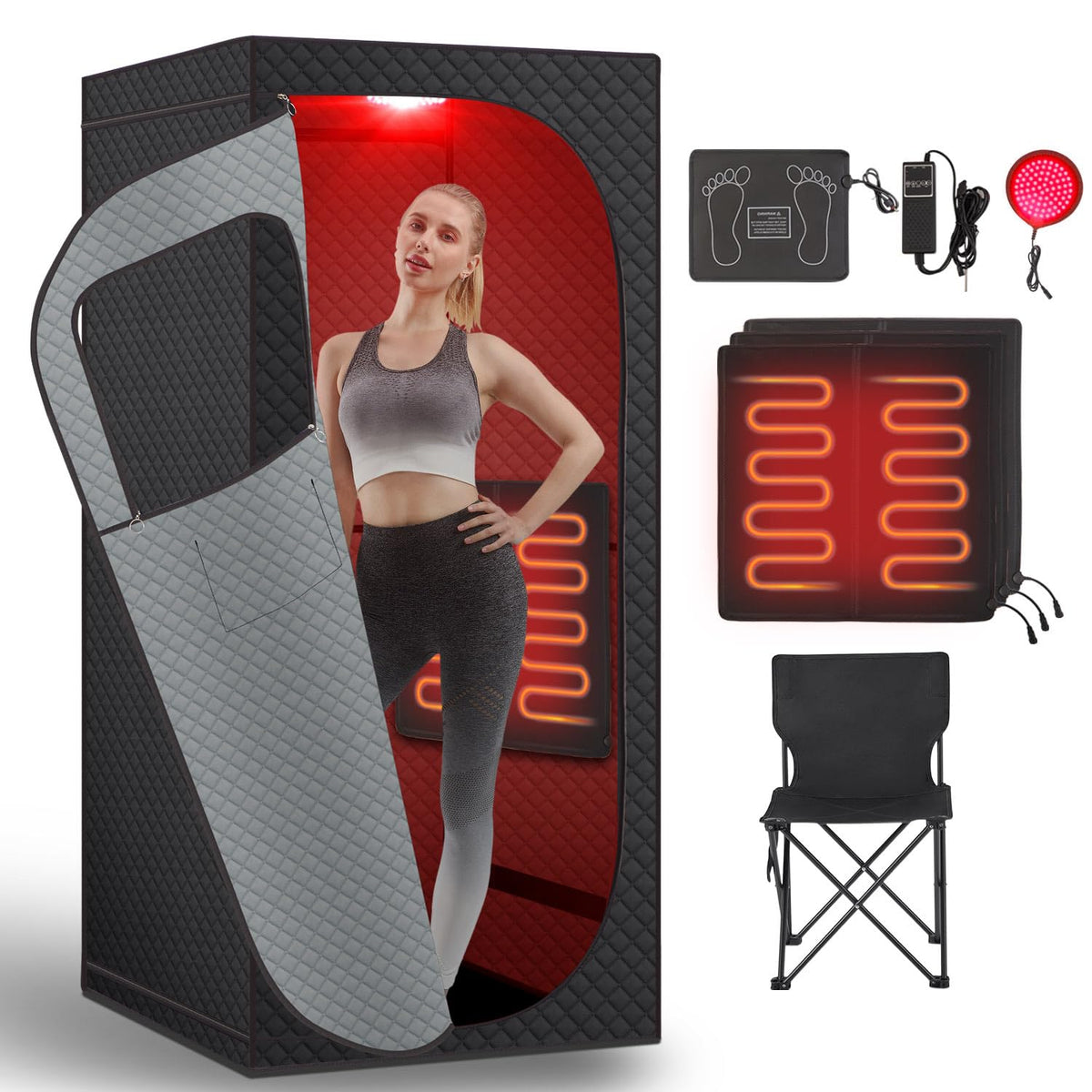 RRGFB sauna vista frontal empaquetada mostrando ergonomía y facilidad