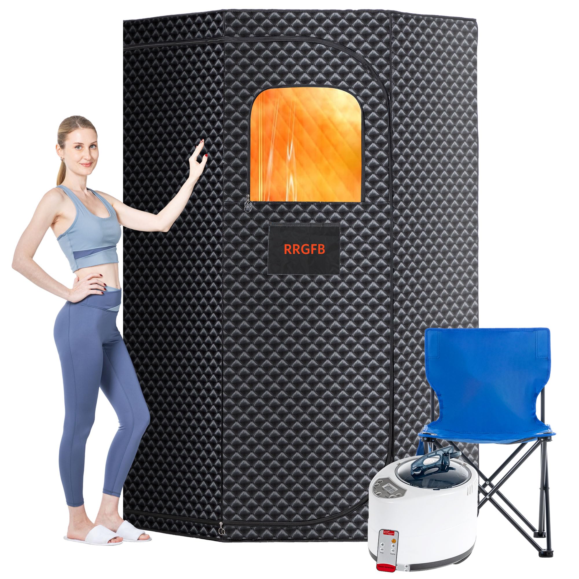 RRGFB sauna portátil frente mostrando la tienda y cremallera, cómoda y práctica