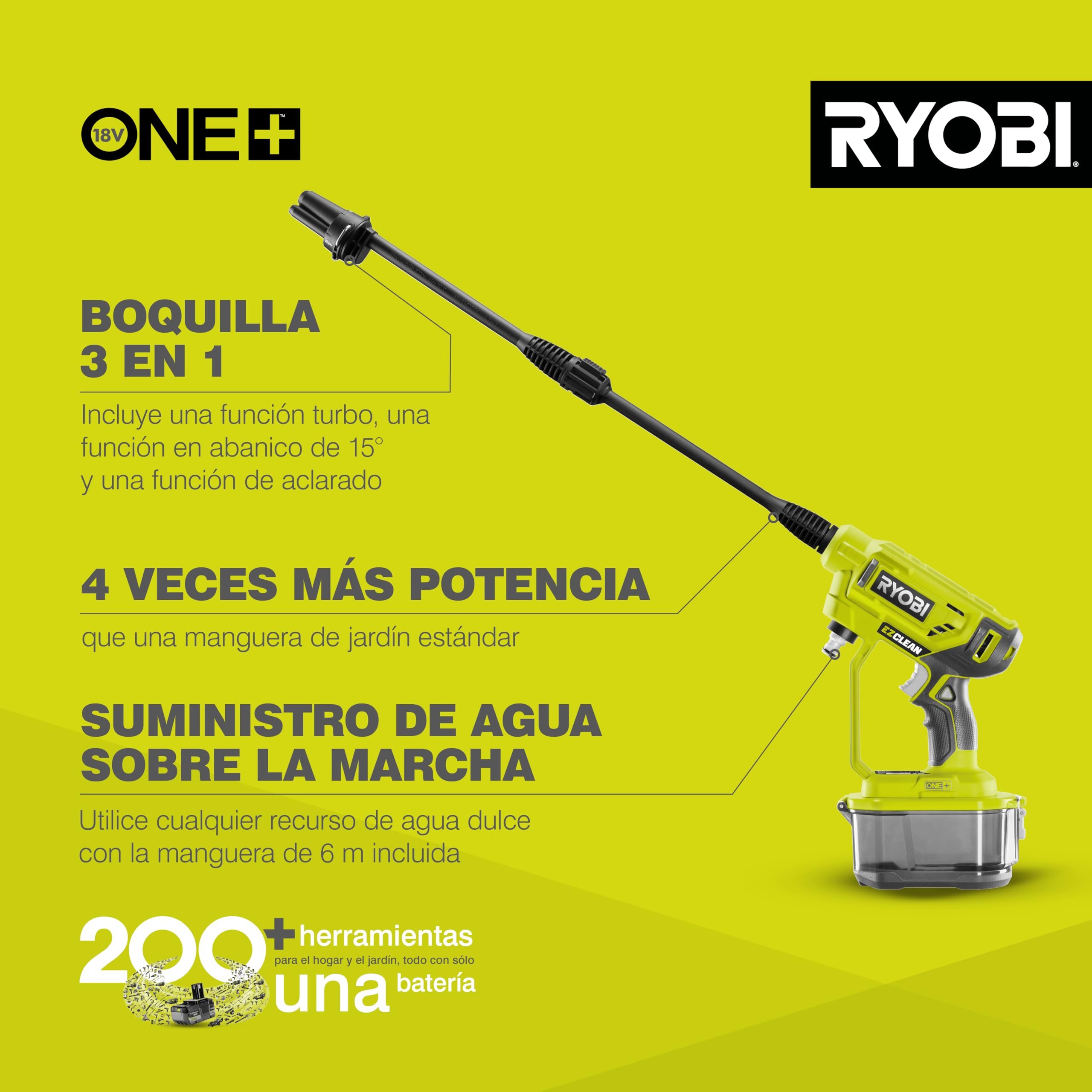 RYOBI boquilla 3 en 1 mostrando versatilidad y potencia de chorro
