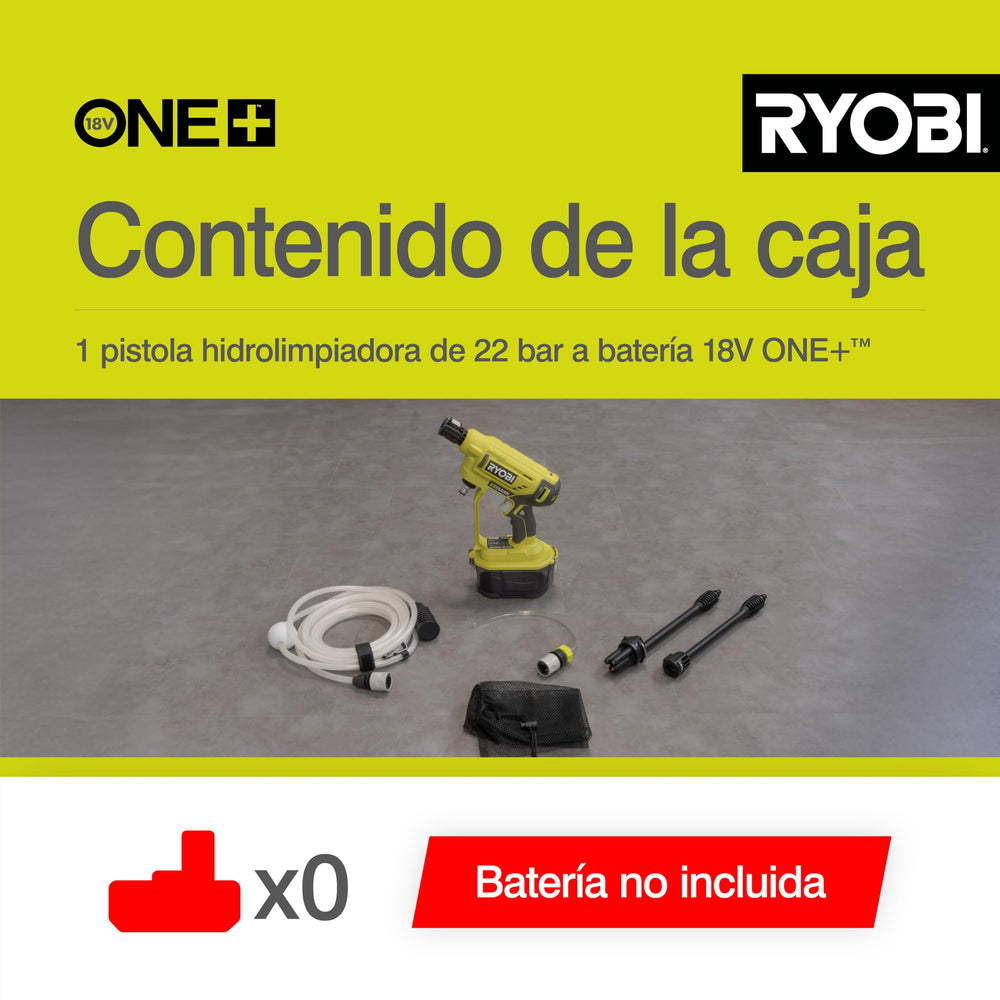 RYOBI comparación de tamaño con botella, demuestra portabilidad