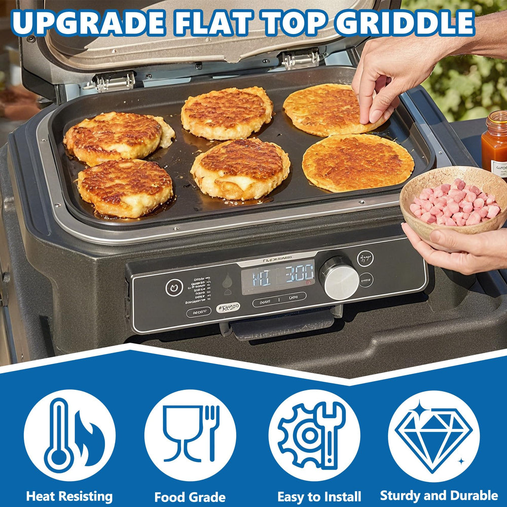 SafBbcue plancha en uso con huevos y vegetales, cocina uniforme y sin pegado