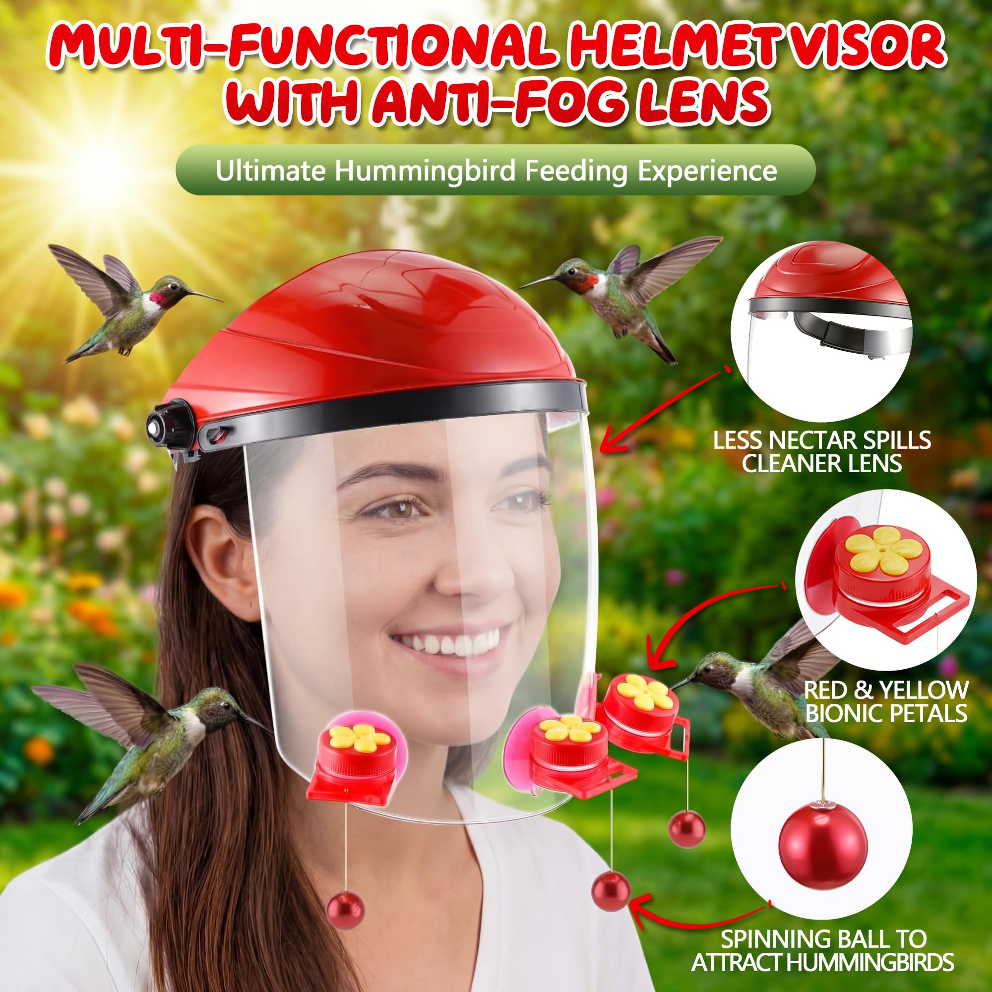 Sailong persona usando casco en jardín para fotografiar colibríes manos libres