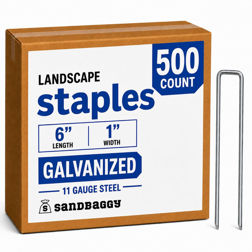 Sandbaggy paquete frontal 500 grapas mostrando cantidad y caja, resistencia al anclaje