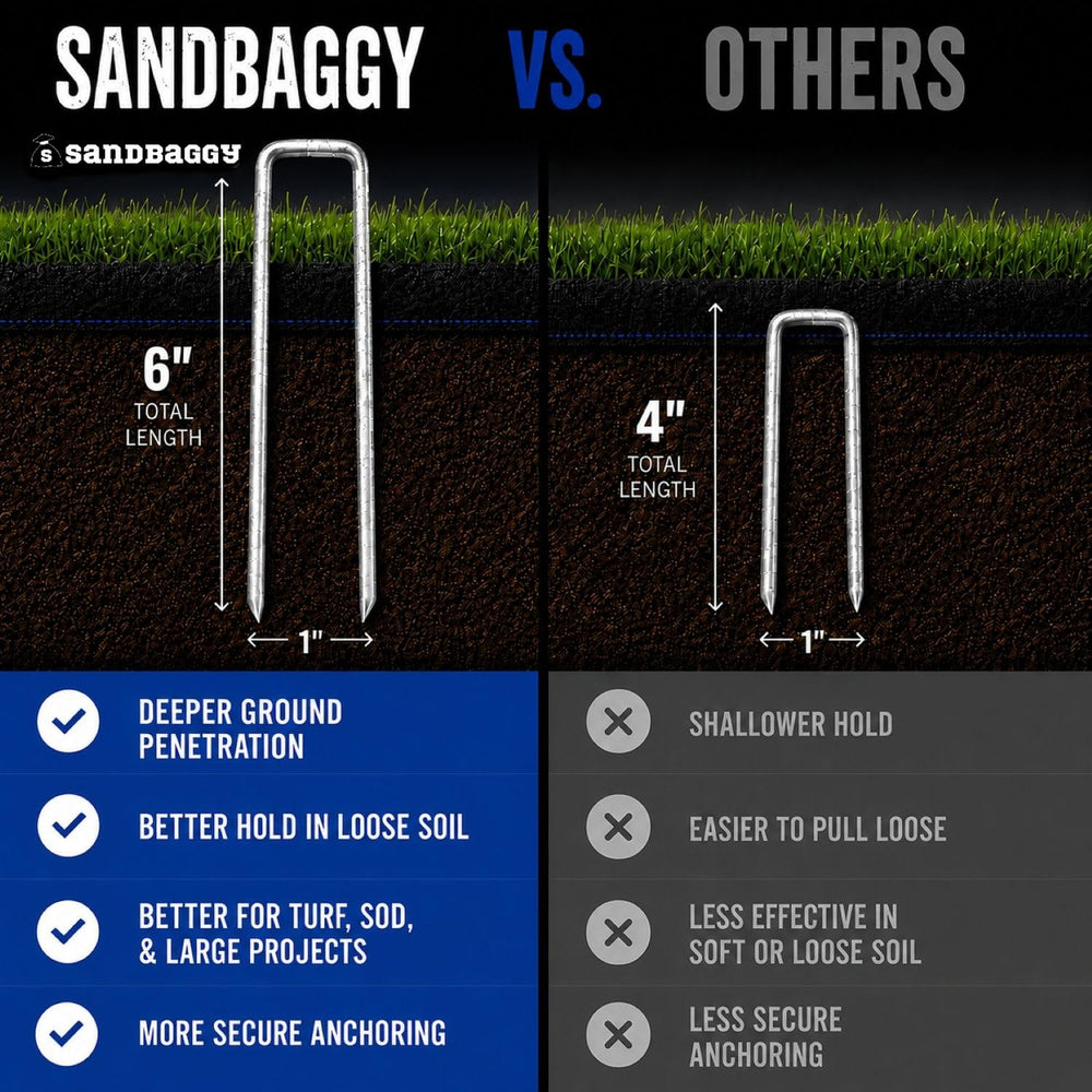 Sandbaggy grapa sujetando césped artificial mostrando sujeción duradera