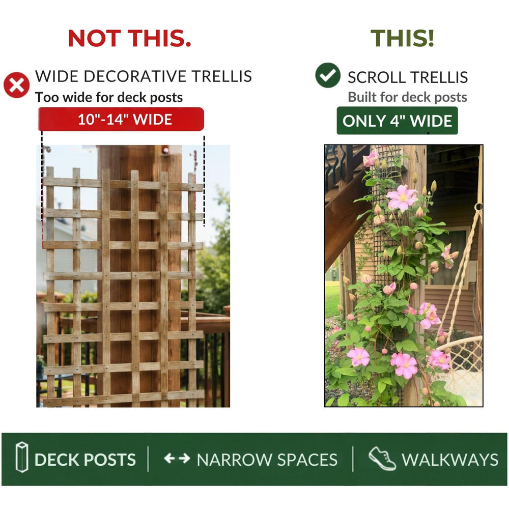 Scroll Trellis montado en poste de terraza sostiene enredaderas eficientemente