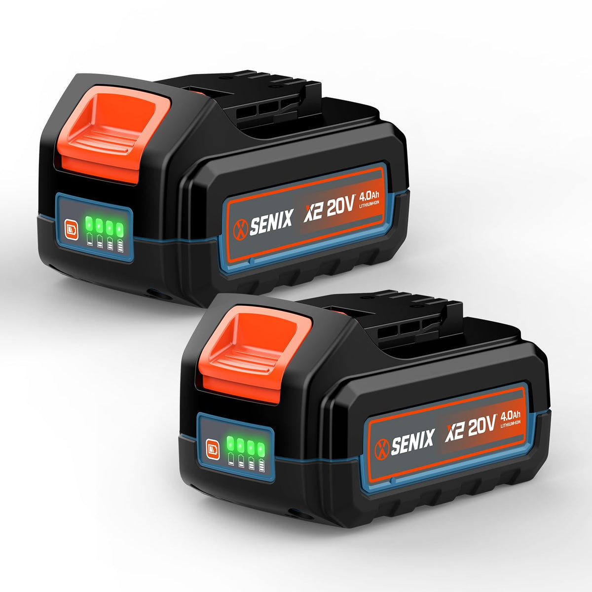 SENIX batería 20V pack frontal mostrando diseño robusto y compatibilidad