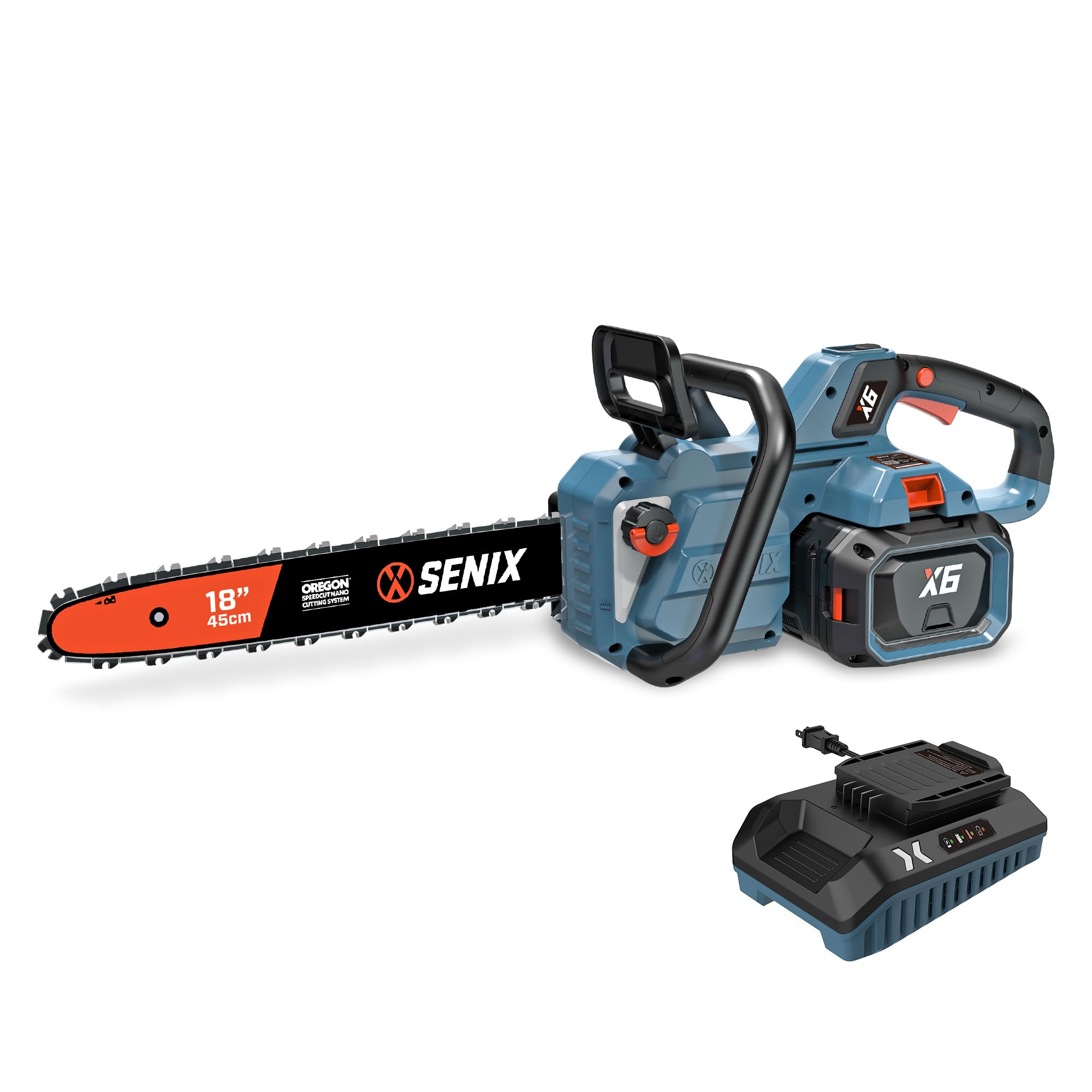 SENIX motosierra frontal mostrando diseño y control ergonómico