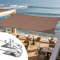 ShadeMart vista frontal del toldo mostrando el tamaño y color marrón, protege del sol
