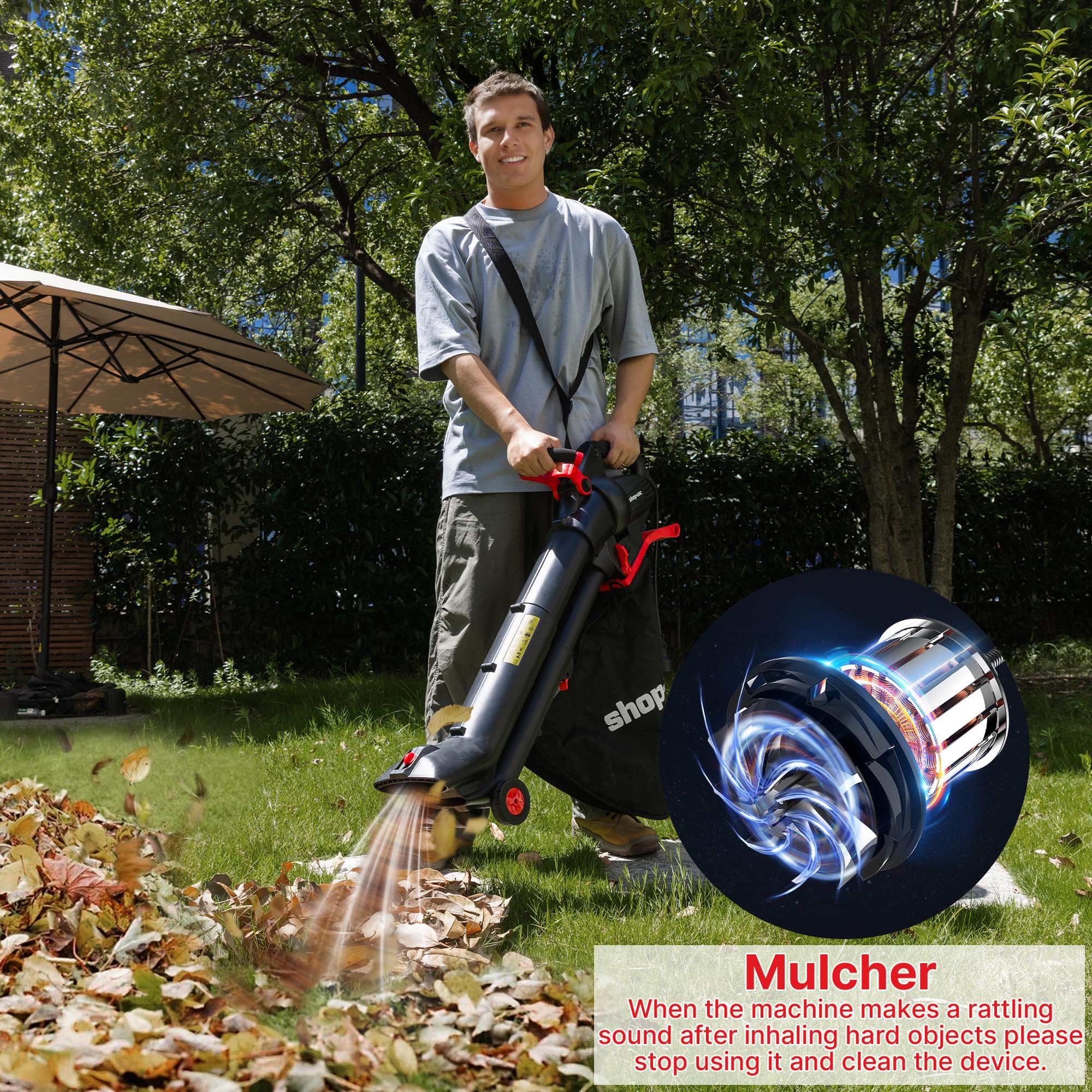 Shop-Vac tubo soplador moviendo hojas demostrando potencia de 180 MPH