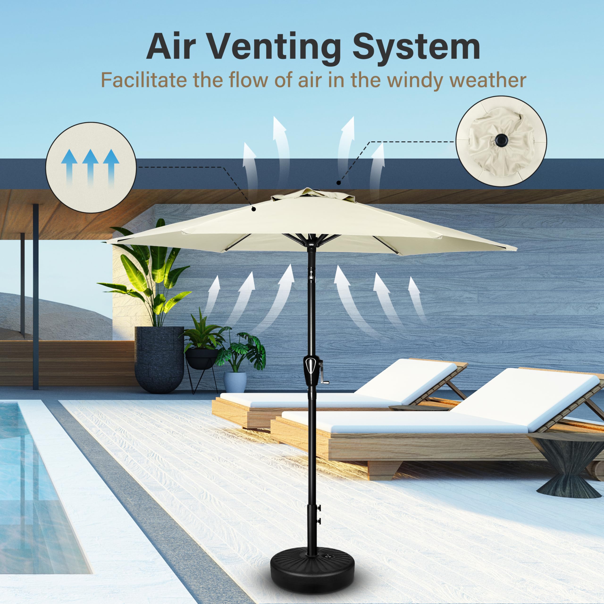 Simple Deluxe comparada junto a piscina mostrando tamaño y protección solar