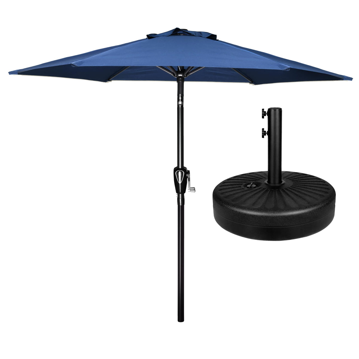 Simple Deluxe vista frontal de sombrilla azul y negro brindando sombra amplia