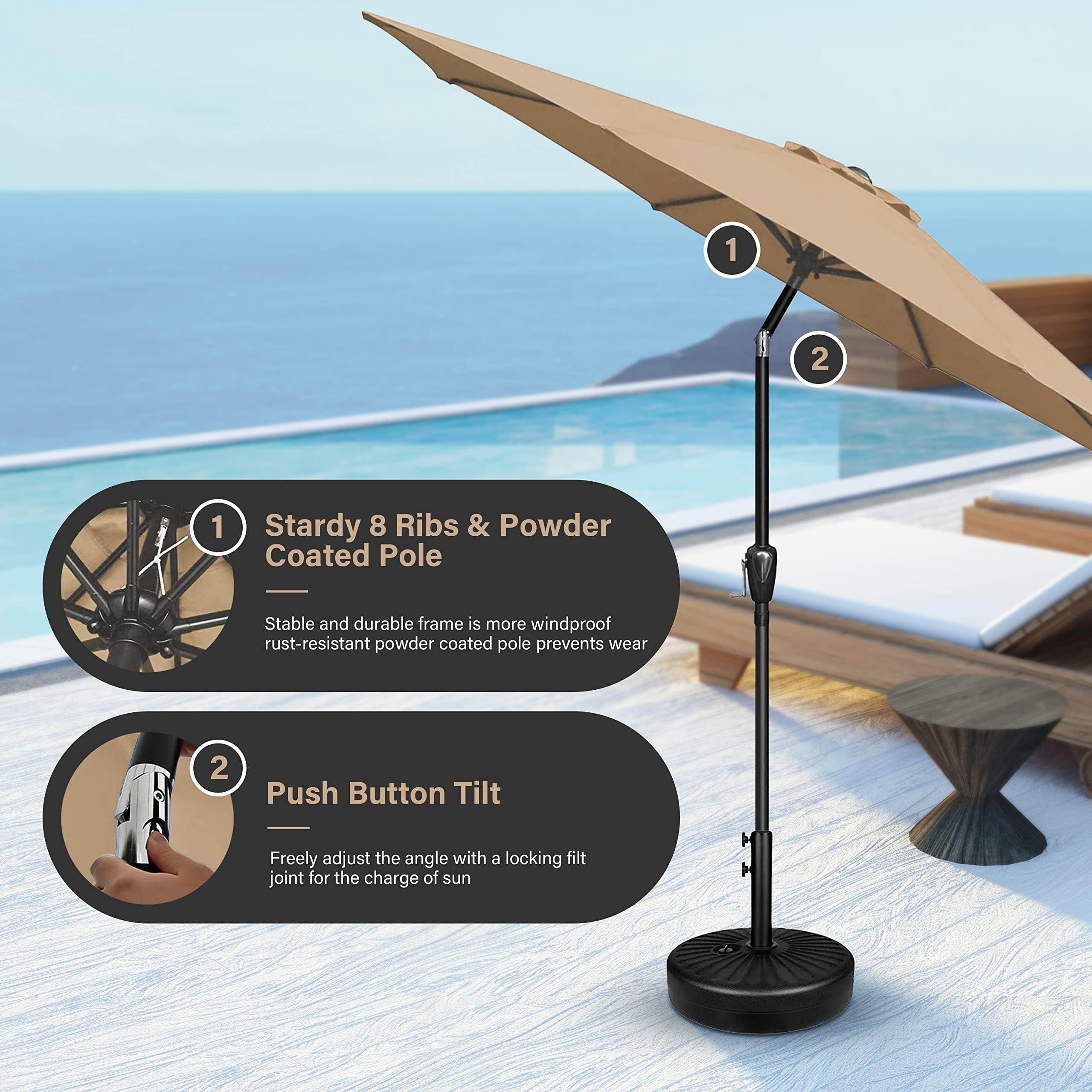 Simple Deluxe sombrilla abierta sobre mesa de patio, cobertura para 4-6 personas